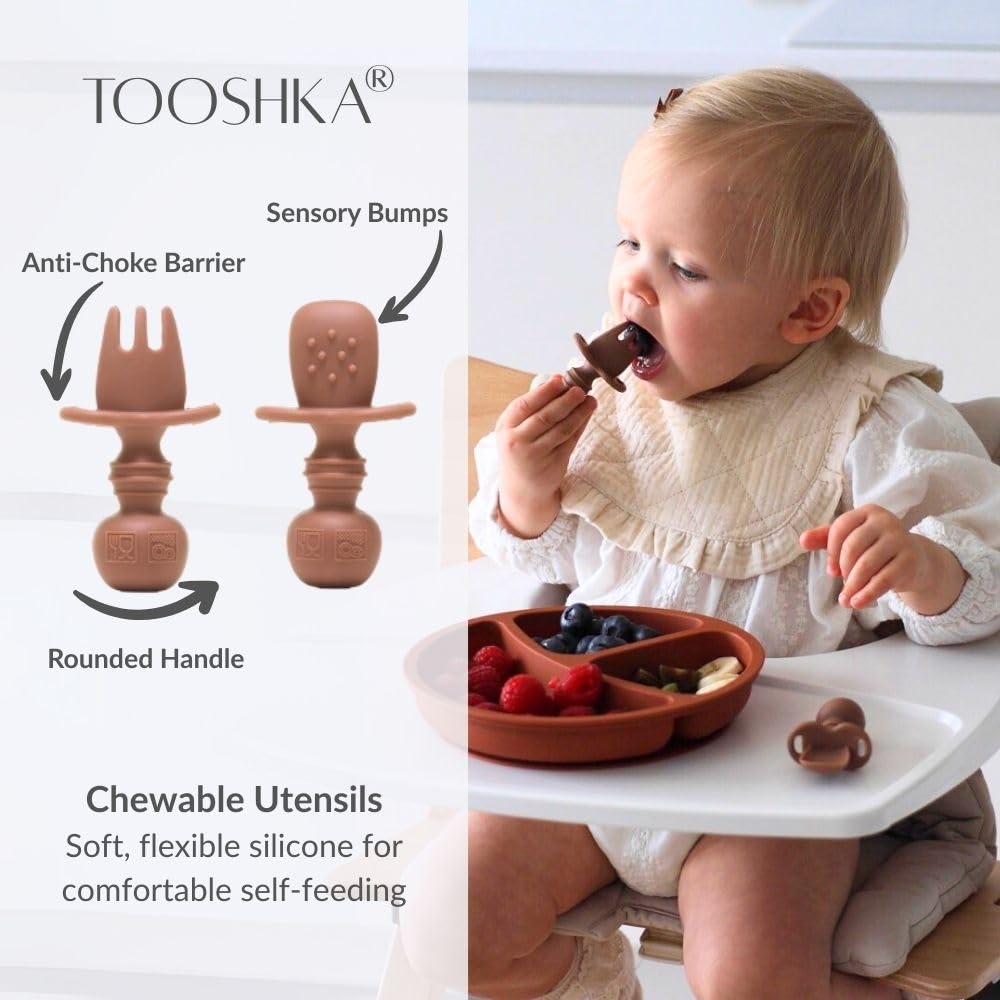 Tooshka® Baby Utensil Set (6 pcs) - Self Feeding Spoons - Silicone & BPA Free - Baby-Led Weaning (BLW) Supplies - Ages 6+ Months - Set of 6 - Brown, Green, & Blue
