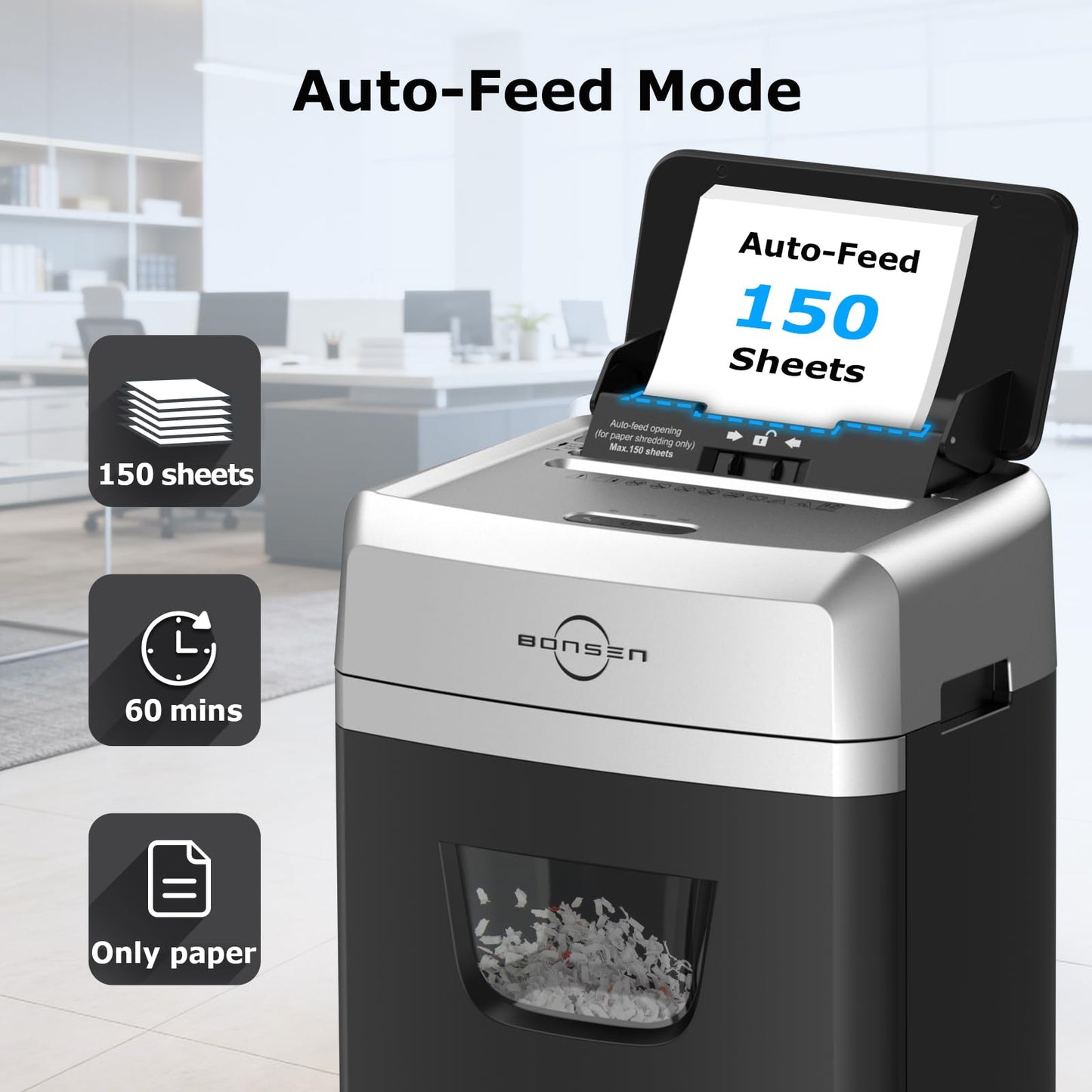 BONSEN 150-Sheet Autofeed Paper Shredder Heavy Duty, 60 Mins Micro-Cut Shredder for Office, 6 Gal Large Capacity Bin P-4 High Security Commercial Document Shredders for Home Office S3114