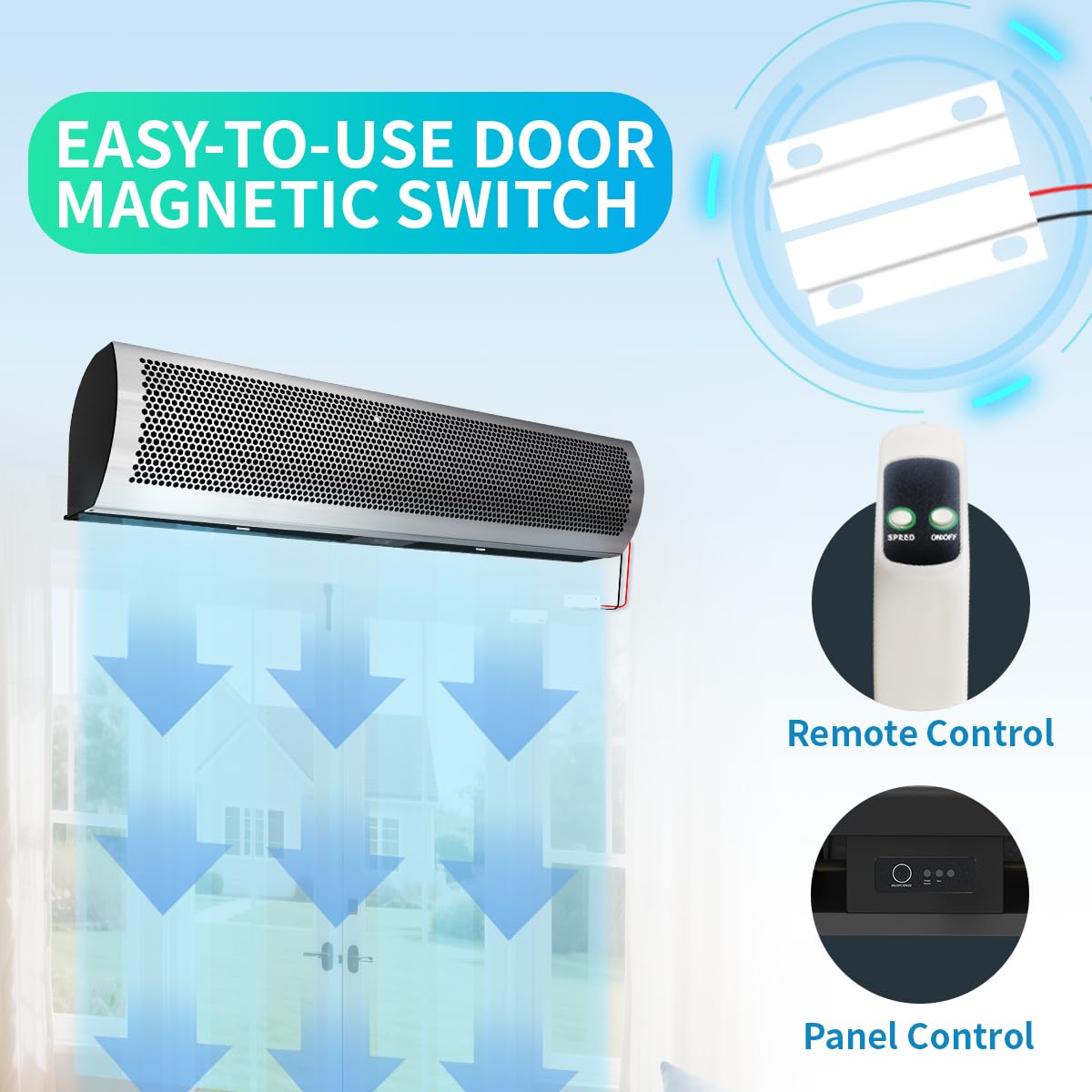 HXCOCKCROW 60 inch Commercial Air Curtain for Doors Stainless Steel, 1530CFM/2030FPM High Power Air Fly Fan with Door Magnetic Switch, Wall Mounted Over Door Fan for Bugs Restaurant Garage Warehouse