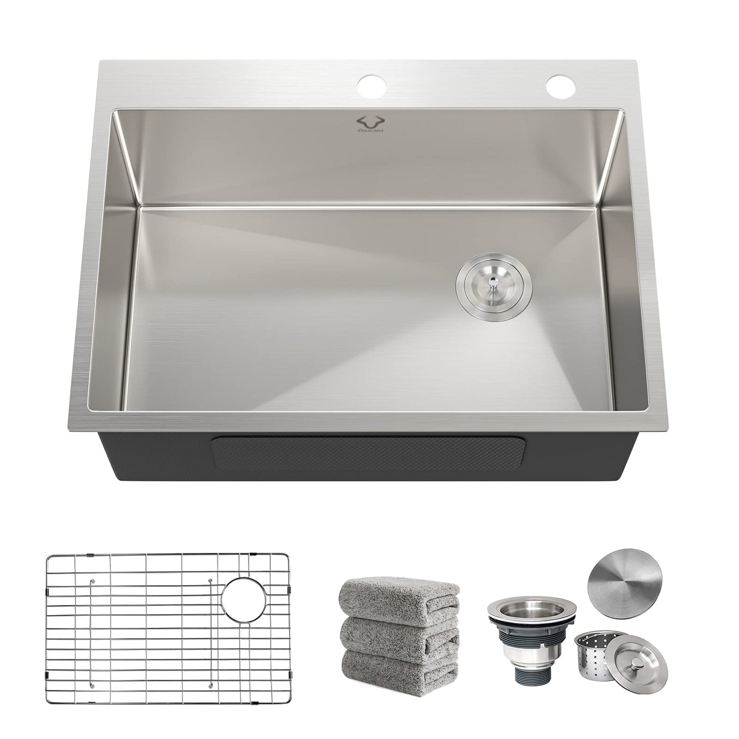 Kitchen Sink 27 x 22 inch Drop-In Top Mount 16 Gauge Tight Radius Single Bowl 2-Hole Stainless Steel Kitchen Sink and Accessories (Pack of 4)