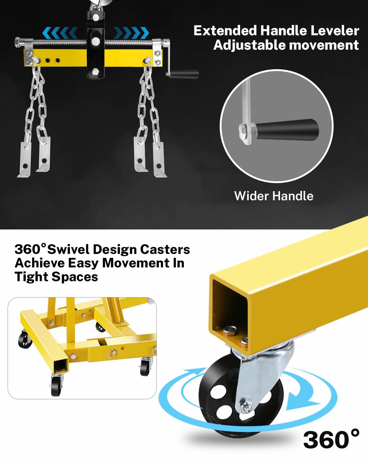 2 Ton Hydraulic Engine Hoist Crane with Lever, Folding Heavy-Duty Cherry Picker with 6 Locking Wheels & 4 Boom Positions, for Truck/SUV Engines, Garage Workshop, Industrial Lifting (Net Wt. 168 lbs)