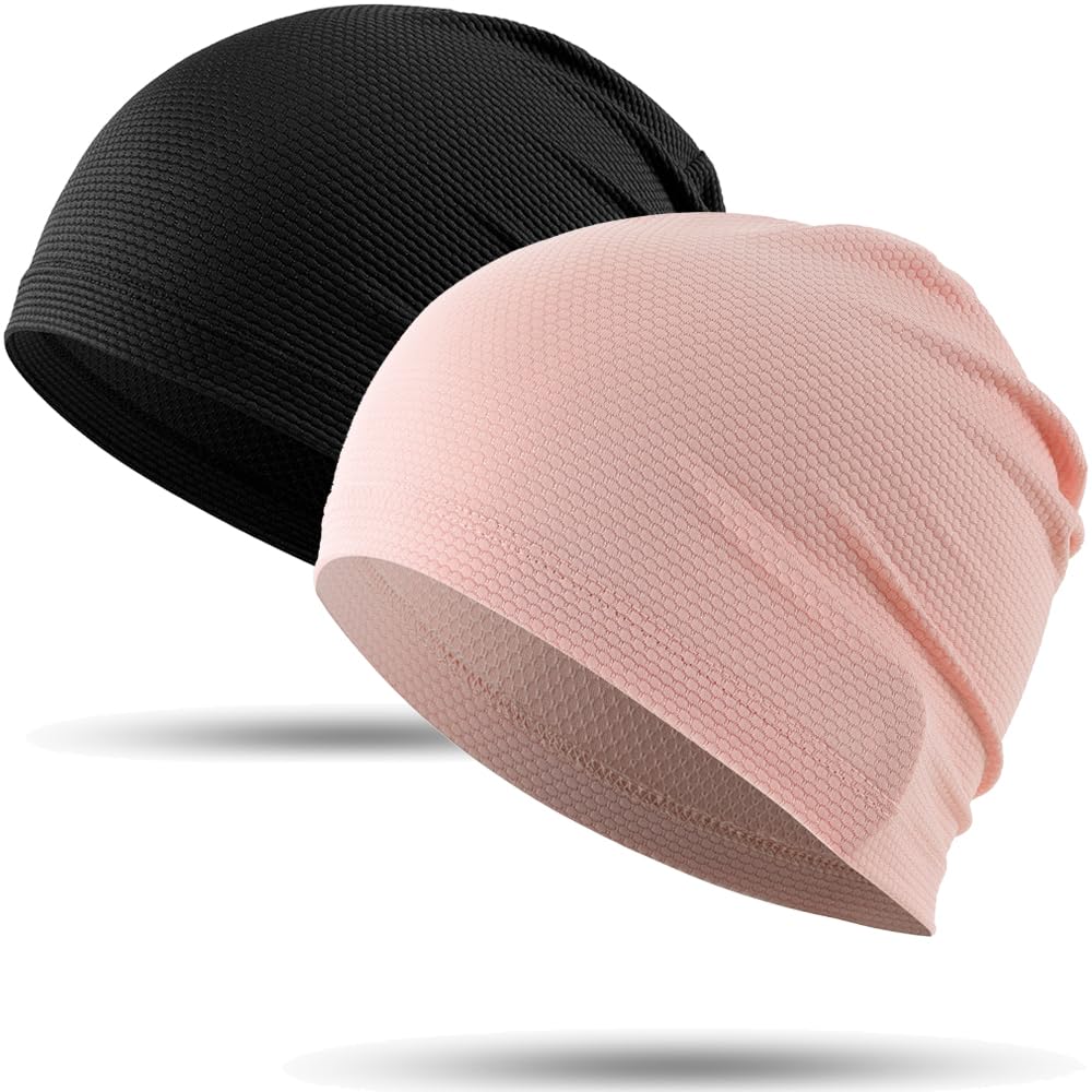 WTACTFUL Cooling Skull Cap for Men Women Breathable Sweat Hat Running Caps Skull Caps Thin Slouchy Beanie for Cycling Motorcycle Riding Football Helmet Hard Hat Liner Summer Sport 2-Pack Black Pink