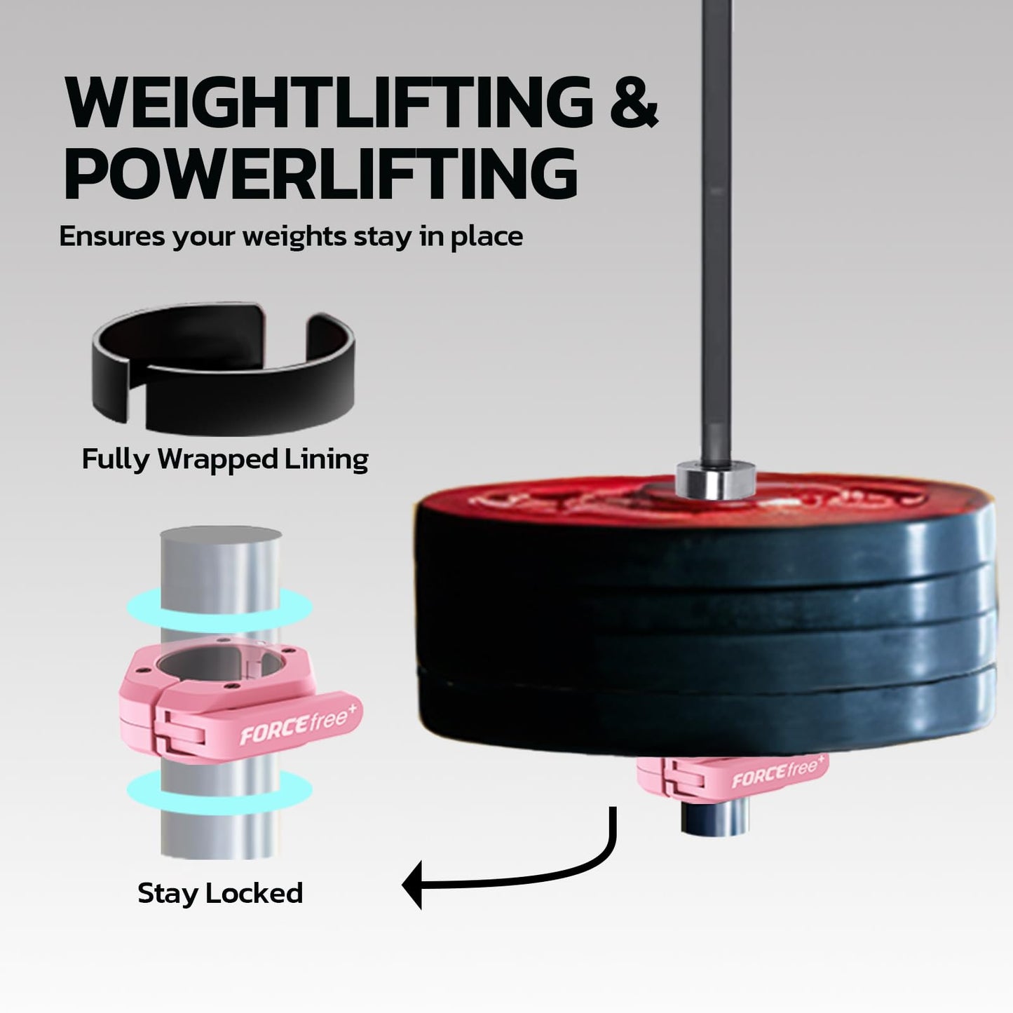 Forcefree+ Barbell Clips (Pair), Barbell Clamps, Quick Release Olympic Barbell Clamps with Anti Slip TPR Grip, Barbell Collars for Secure Weightlifting & Powerlifting (Non Magnetic, Pink)
