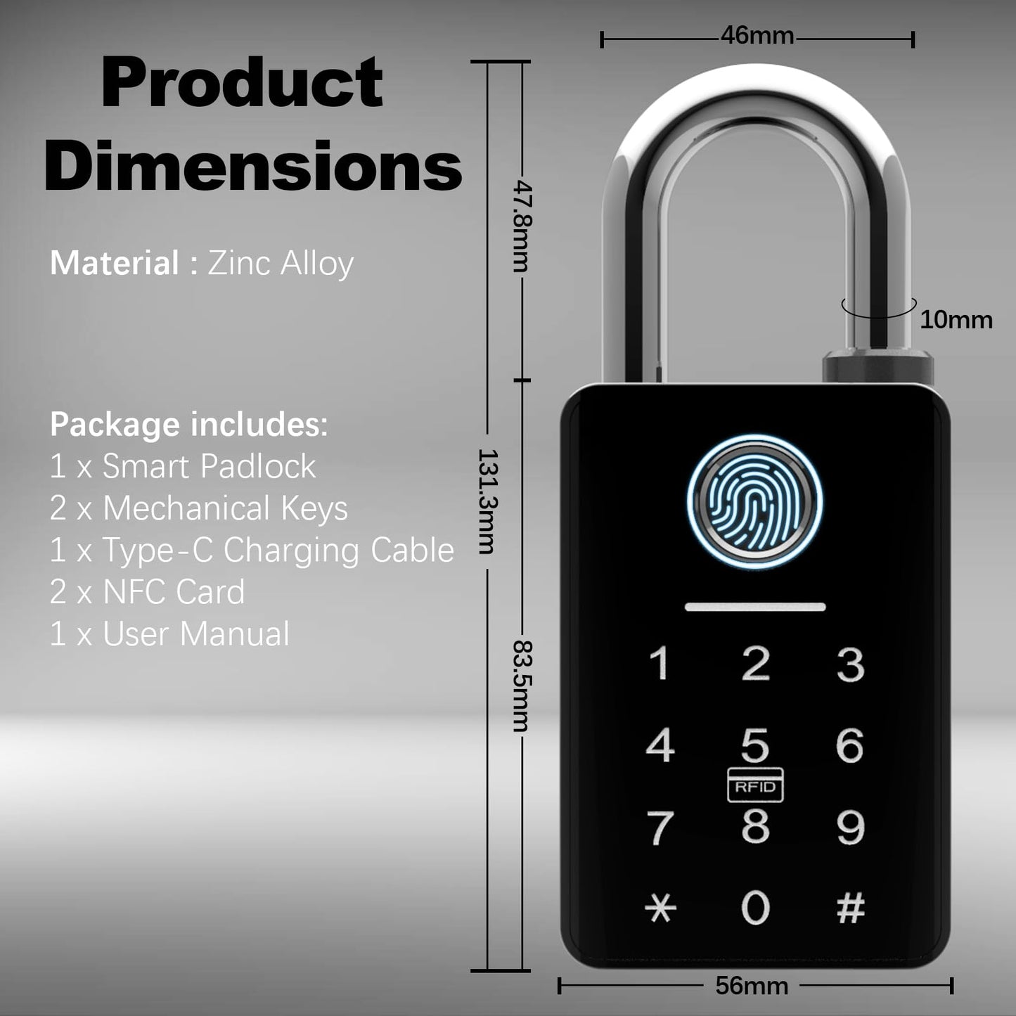 Heavy Duty Smart Fingerprint Padlock with Key, Bluetooth Outdoor Gate Lock IP66 Waterproof, 5 Ways Unlock Smart Gate Lock for Fence Gate Pool Shed Gym Lock Storage, Locker, Tuya App (Gray)
