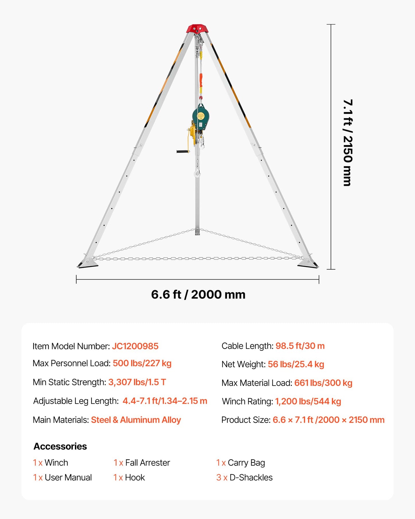 VEVOR Confined Space Tripod Kit, Heavy Duty Rescue Tripod Lifting Hoist 1200 lbs Winch, 4.1 ft Adjustable Legs, 98.5 ft Cable Portable Kit, 32.8 ft Fall Protection, 4.40-7.05 ft Working Height