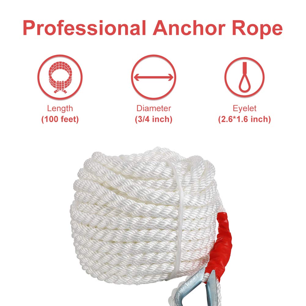 B4B BANG 4 BUCK 3/4" x100' Anchor Rope, Polypropylene Docking Dockline Boat/Sailboat/Mooring/Pull Lines with Thimble, 12592LB Breaking Strain