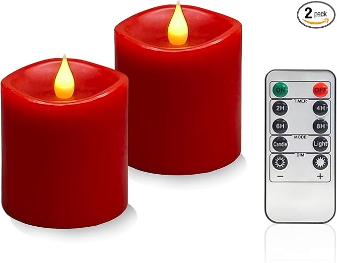 Red Flameless LED Candles 3 inch Diameter Real Wax 2AA Battery Operated 600hr+ Flickering Candles with Timer Remote Control for Halloween Thanksgiving Christmas Wedding Indoor (Red, 3″×3″- 2 PCS)