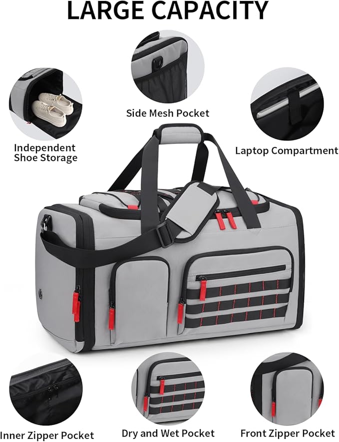 Gym Bags for Men Women, 45L Sports Travel Duffle Bag with Shoe Compartment, 3 in 1 Weekener Overnight Backpack with Wet Pocket, Grey