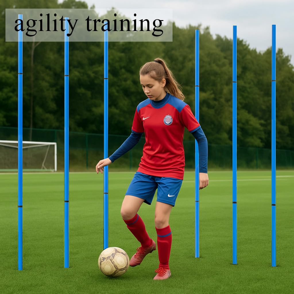 Soccer Agility Training Equipment Set - 6 Pro 59" Spliceable Agility Poles with Ground Spikes, 1 20ft Speed Ladder, 10 Soccer Cones, Jump Rope & Carry Bag for Youth Soccer & Football Drills (blue)
