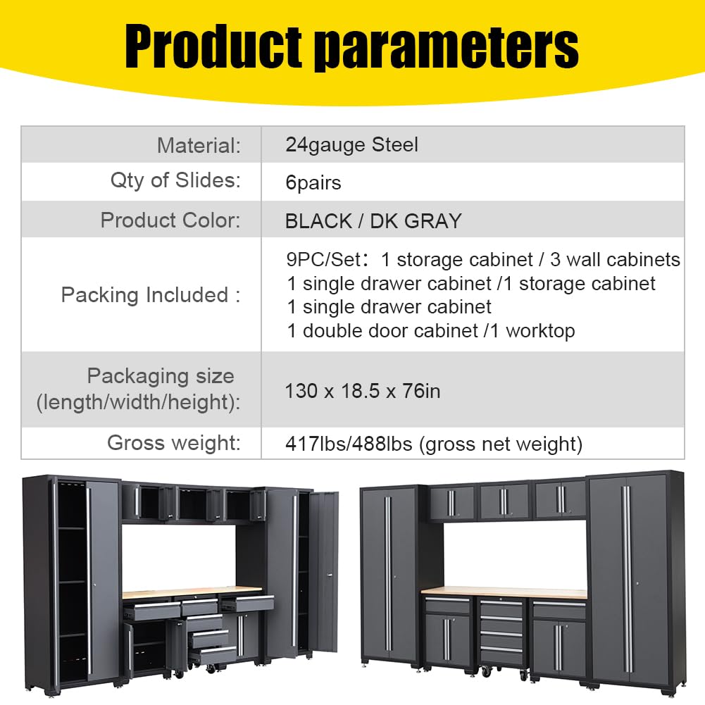 HPDMC 9-Piece Steel Garage Storage Cabinet System with Wooden Work Top, 130 in. L x 18 in. D x 76 in. H Assembled Workshop Chest Cabinet Set in Charcoal Gray