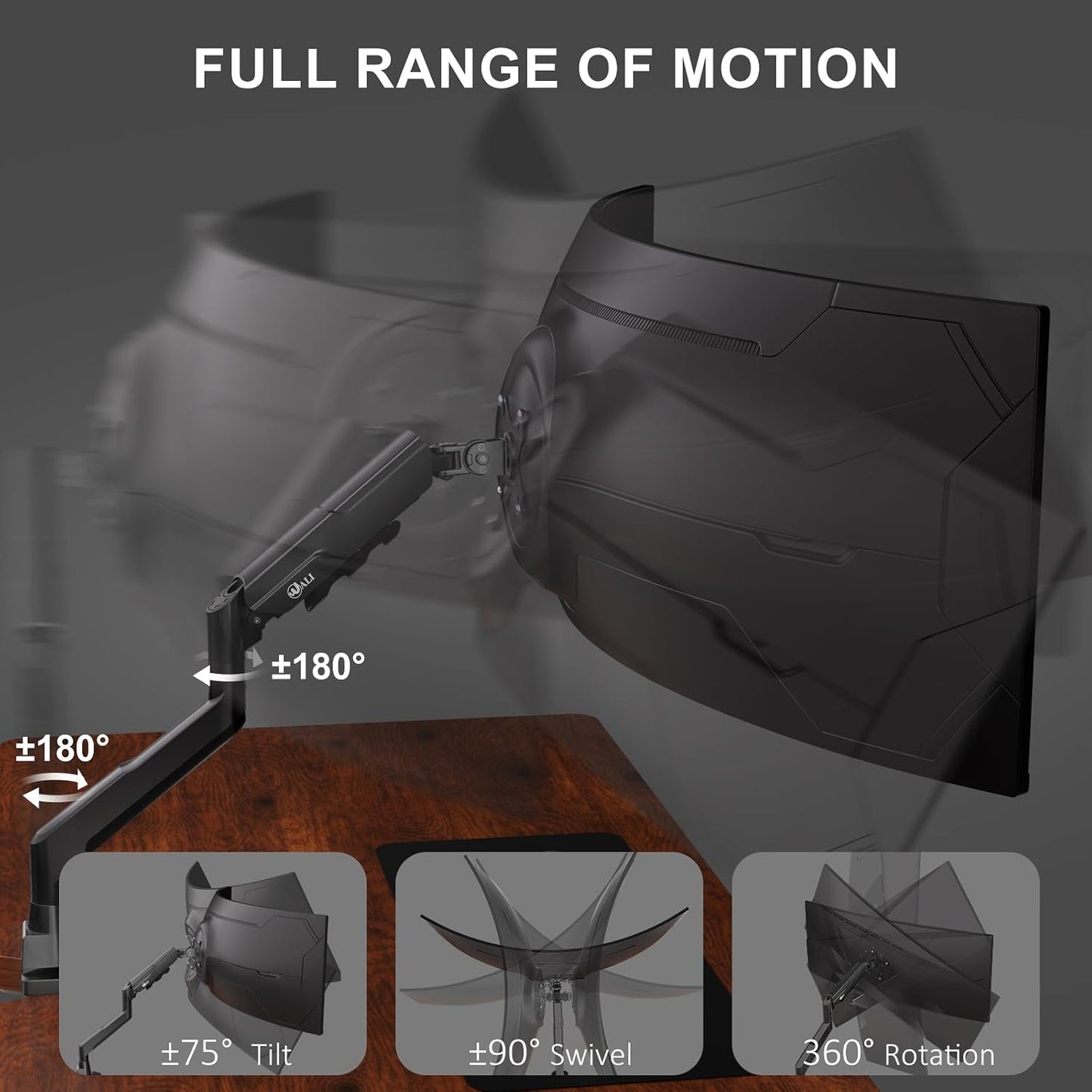 WALI 17-49 Inch 33 Lbs, 75/100mm (GSM001XLN), Heavy Duty Single Monitor Arm for Flat Curved Ultrawide Screens, up