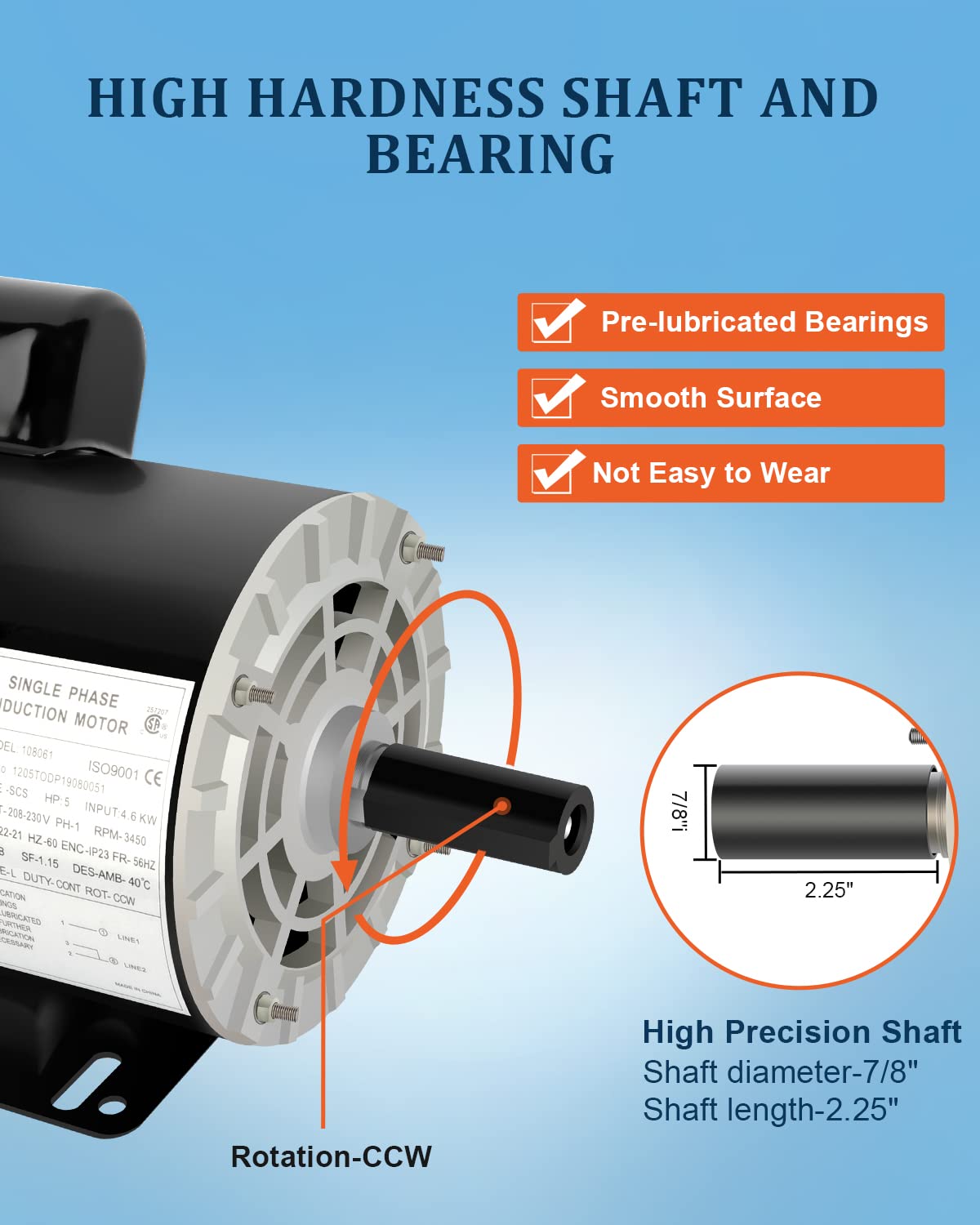 5 HP Air Compressor Motor Single Phase Electric Motor, 7/8" Shaft Diameter, CCW 60HZ, 3450RPM, 208V-230V