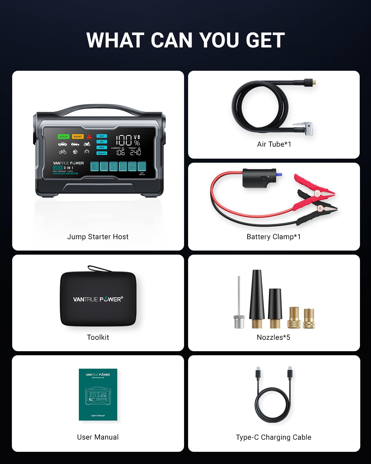 VANTRUE POWER JS3 Real 3250A Jump Starter with Air Compressor 160PSI, 12V Car Battery Booster with Display, Jump Box with Light, Support 65W Fast Charging Power Bank, 8.0L Gas/3.8L Diesel Engines