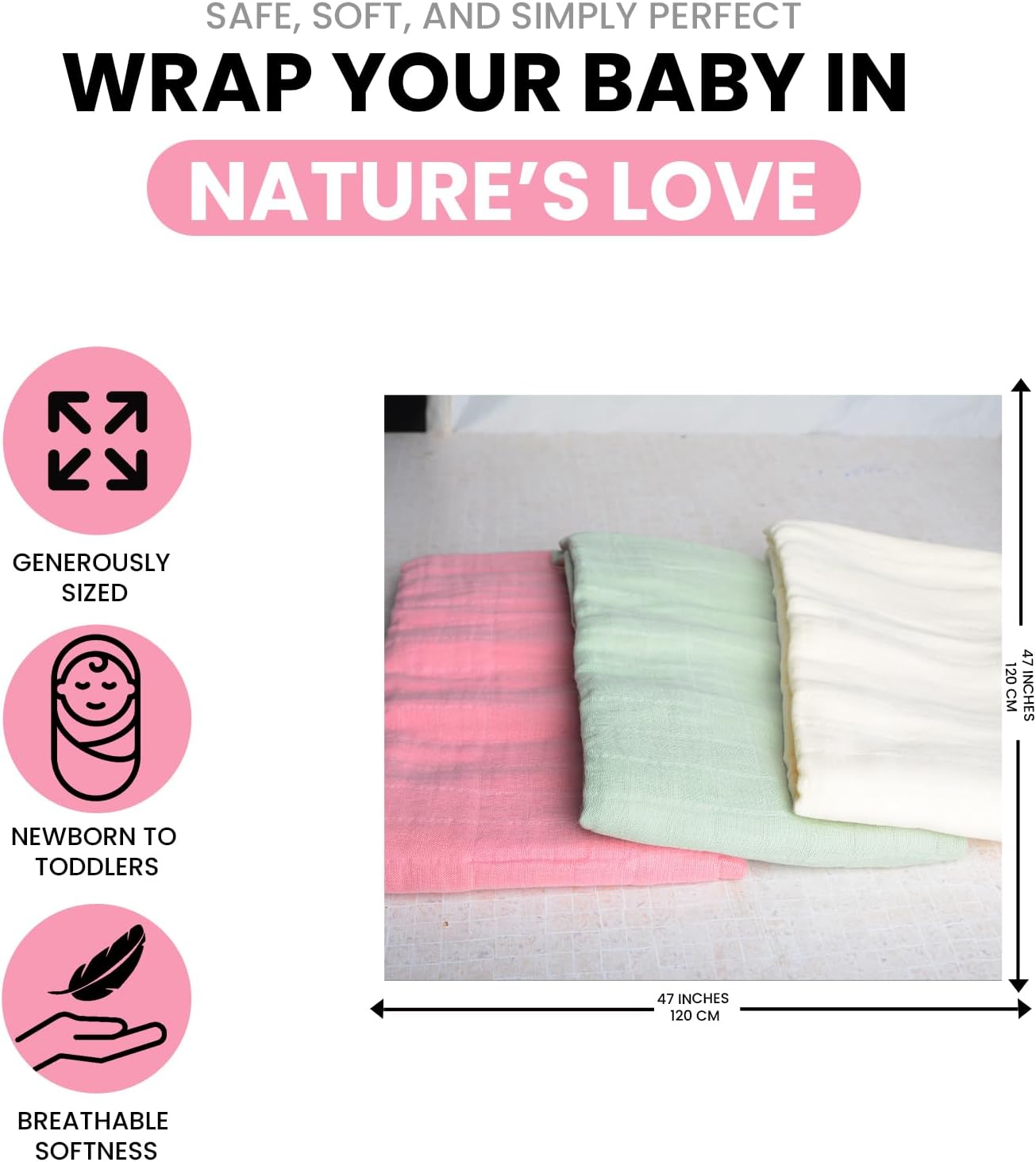 Skiennix Organic Muslin Swaddle Blankets - 100% Cotton, Soft & Breathable, 3-Pack, 47 x 47 Inches