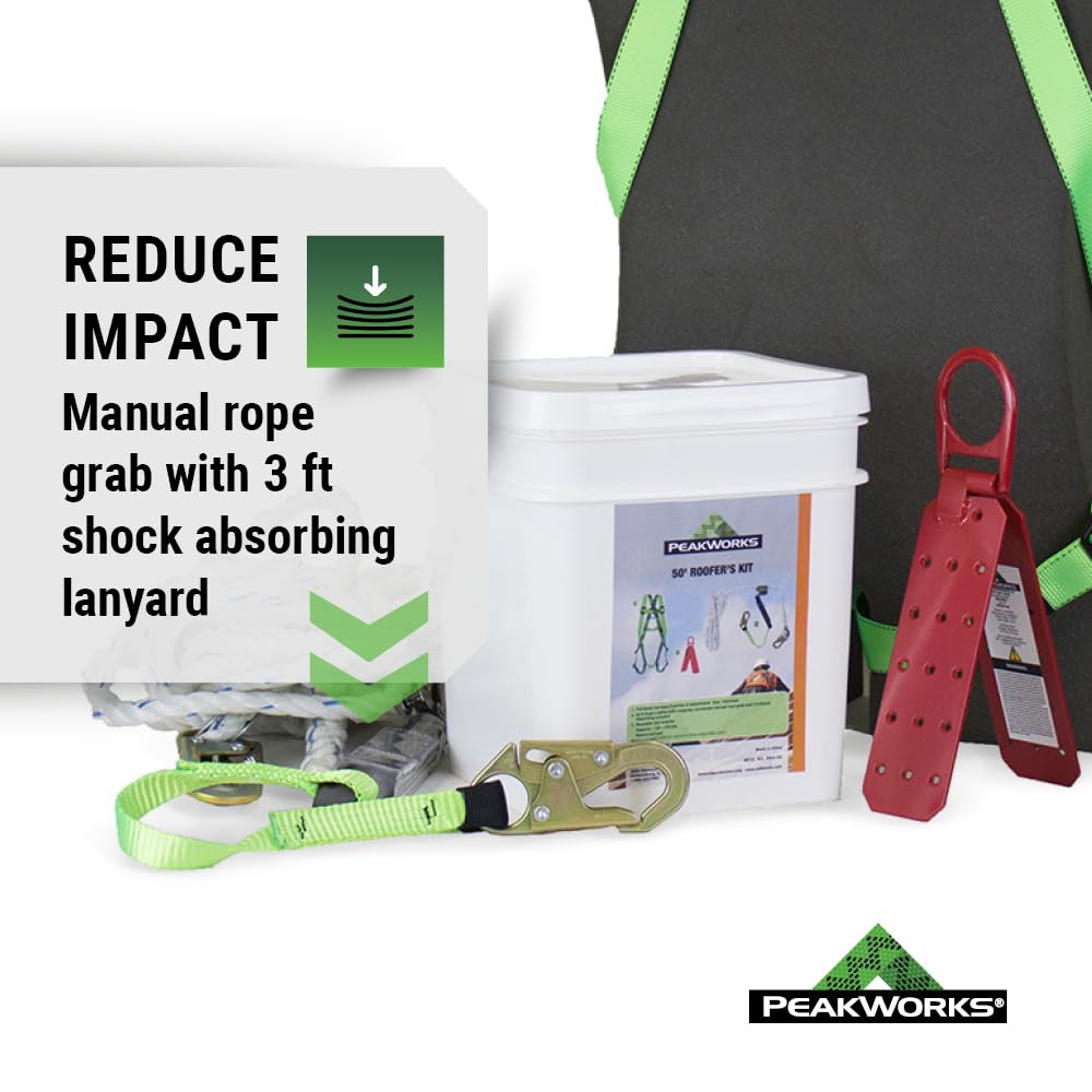 Peakworks OSHA Compliant, Fall Protection Roofer's Kit, Safety Harness (Universal Fit), Rope Grab, 25' Vertical Lifeline, and Reusable Roof Bracket, White/Green, V8257272