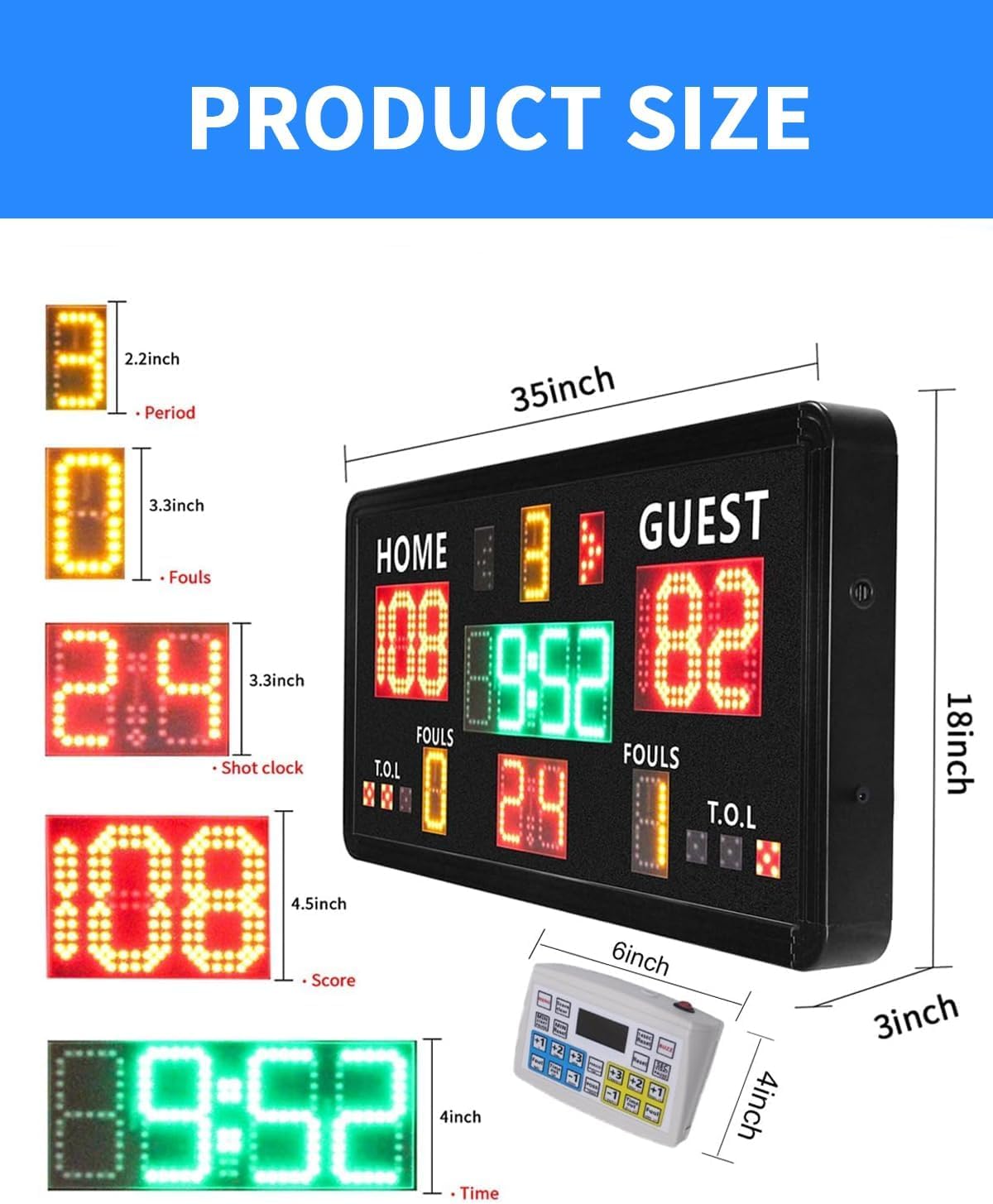 GAN XIN Large Electronic Scoreboard with Panel Control,Wall-Mounted Digital Scoreboard & Timer,Basketball Shot Clock 14/24 Second & Custom Time,Score Keeper with LED Display, 110dB Loud Buzzer