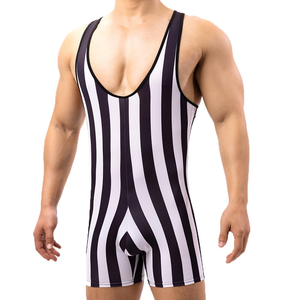 WMIERFI Men Striped Bodysuit Wrestling Singlet Seamless Active Jumpsuit One Piece Base Layers Athletic Supporters Leotard