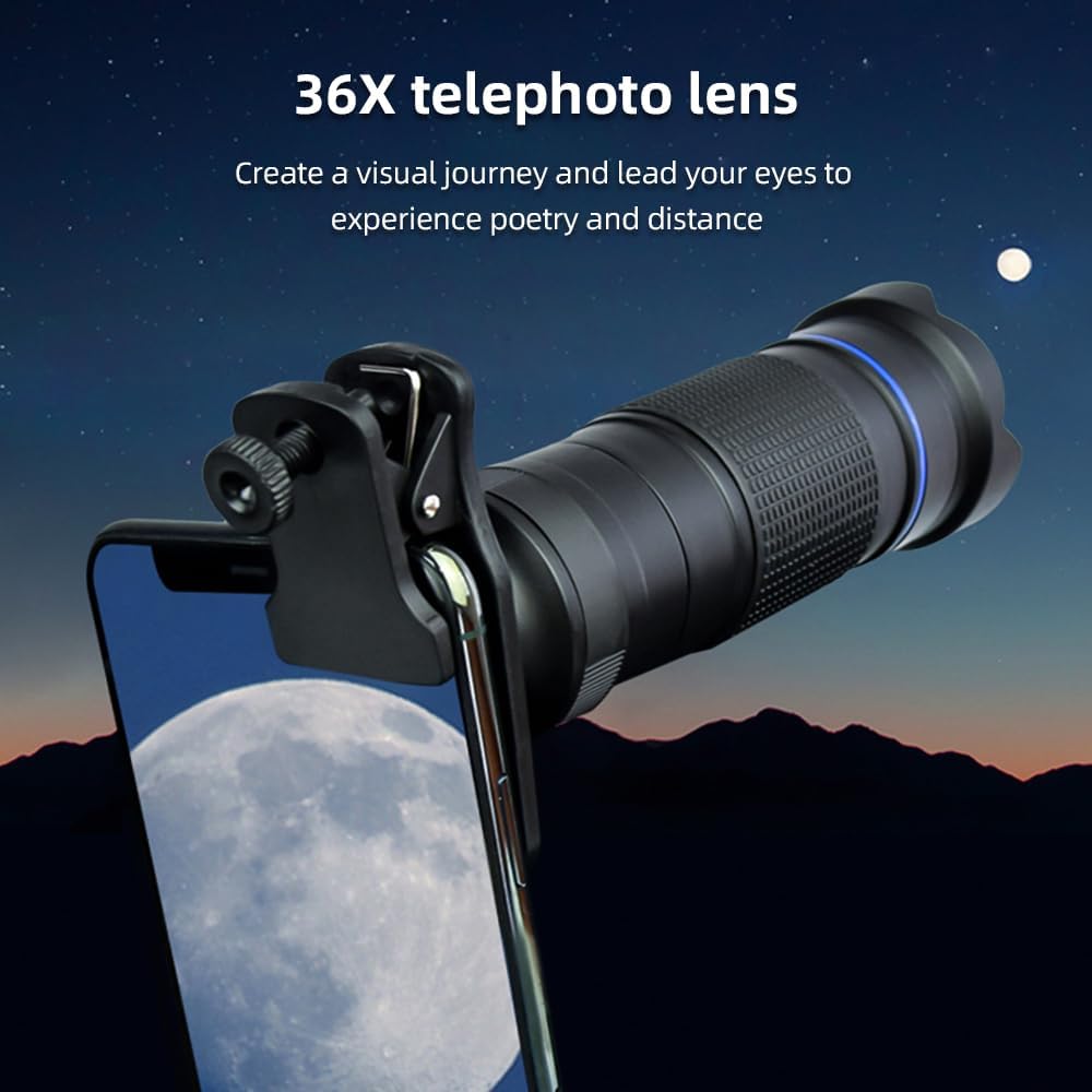 Andoer 36X Telephoto Lens Kit with Mini Tripod, Phone Clip, Holder, Lens Bag, Cleaning Cloth for Hiking, Camping