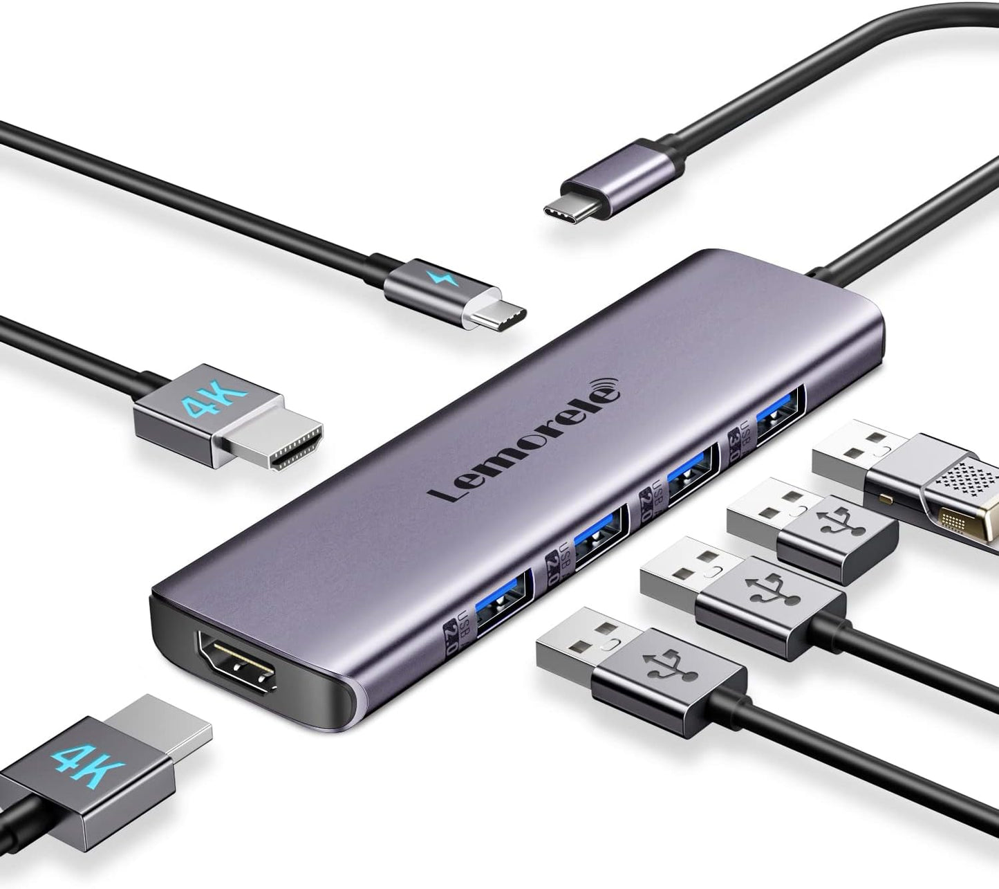 Lemorele 7 1 4K 3.0, 3*USB 2.0, 100W USB C Docking Station for Laptop, in USB C Hub with Dual HDMI, USB PD Suitable