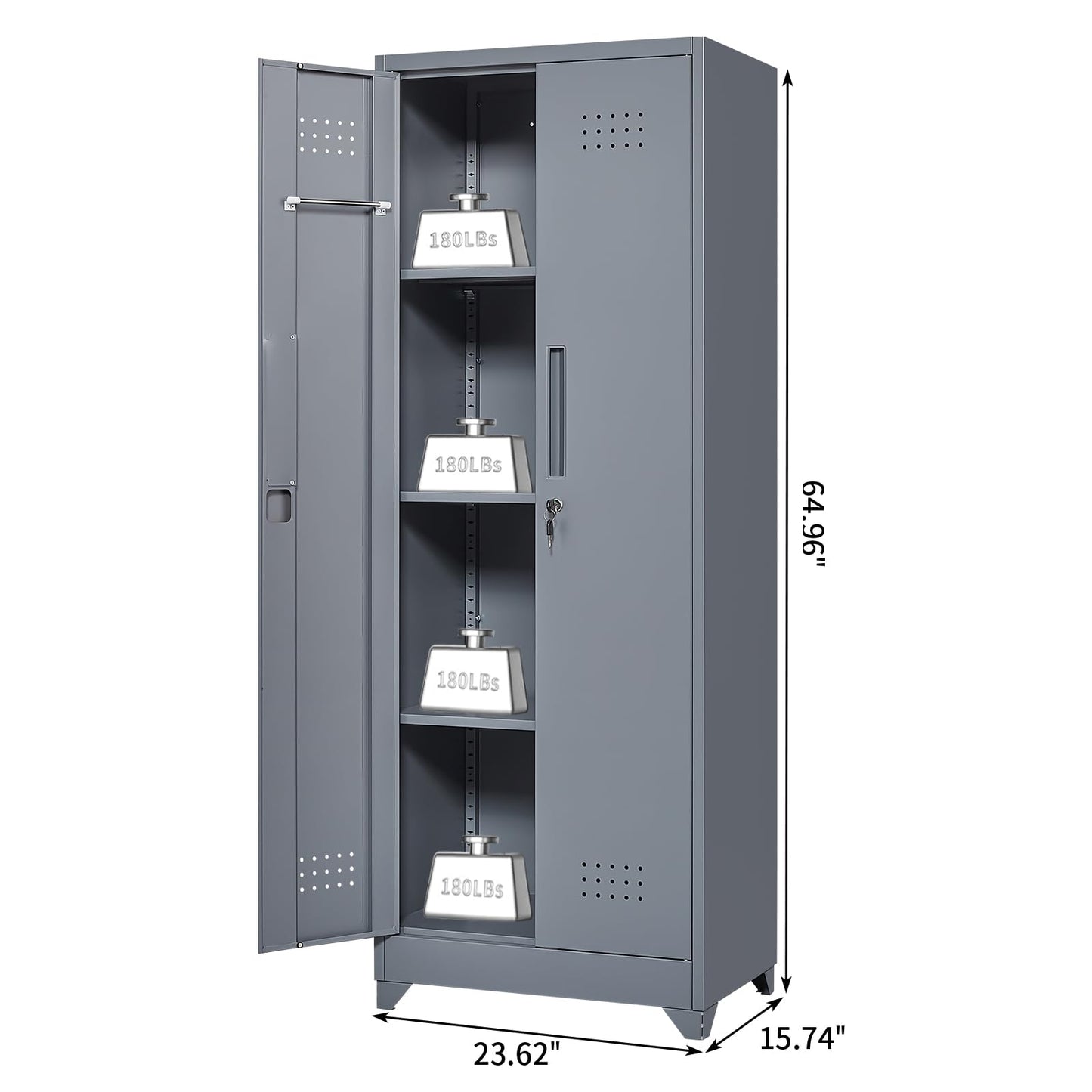 STEELIST Broom Closet Storage Cabinet, Steel Locking Cabinet with Hanging Rod, 65" Cleaning Storage with Doors and Hooks, Tall Broom Tool Cabinets for Office, Garage