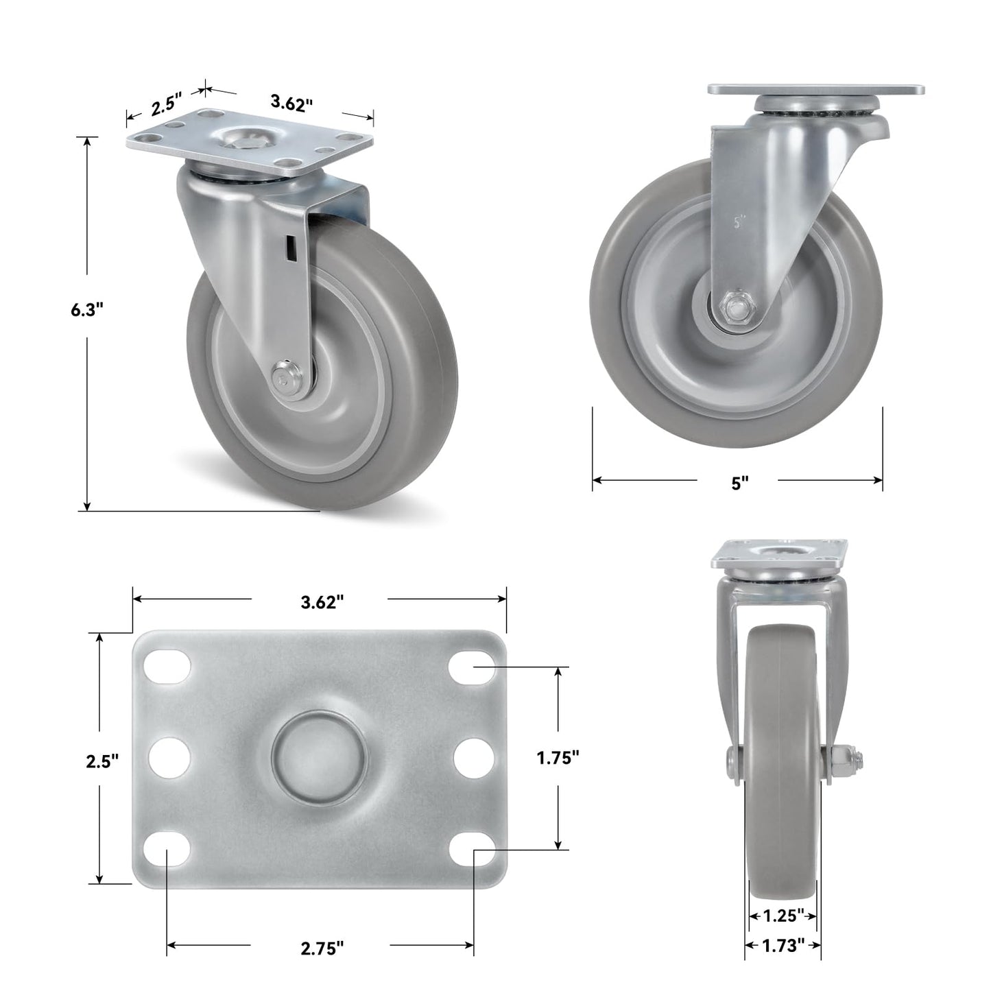 NINOSO Caster Wheels, 5" Heavy Duty Industrial Casters Set of 4 with Load 1400lbs Capacity, Wheels for Cart Furniture(2 Swivel & 2 Rigid)