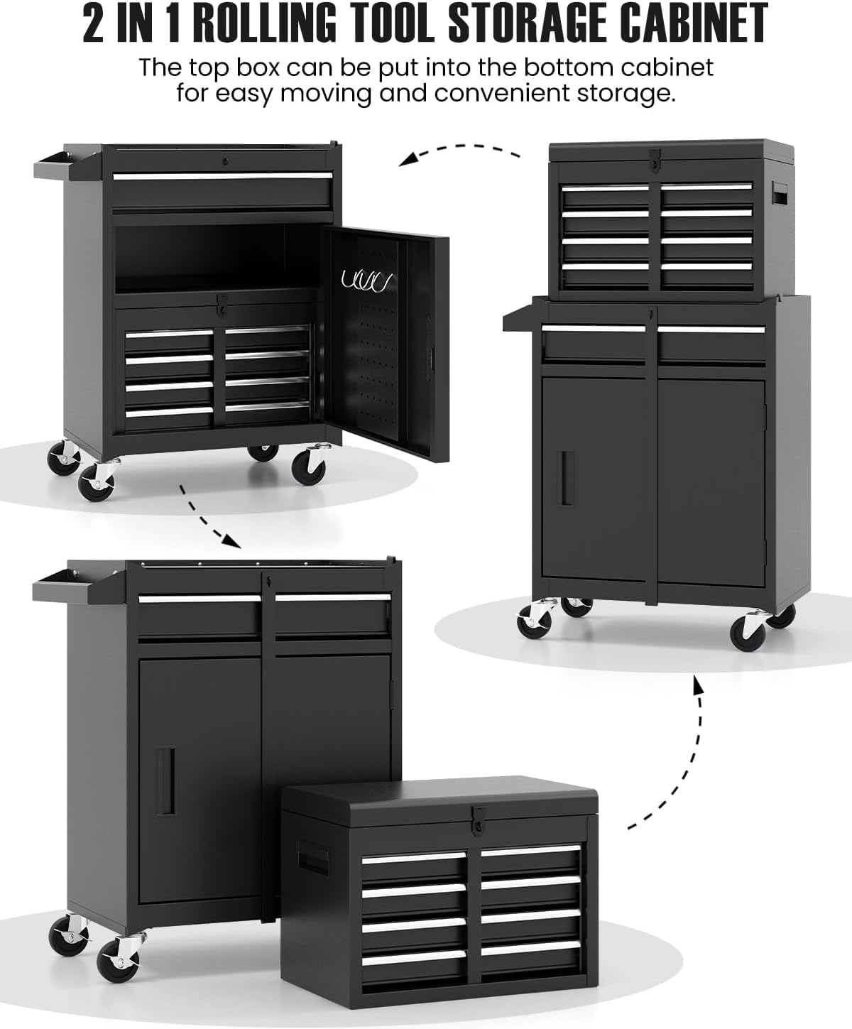 ARNOT 2-in-1 Rolling Tool Chest with 5 Drawers, Heavy-Duty Metal Tool Box with Wheels, Detachable Top Tool Box & Rolling Tool Cabinet for Garage, DIY (5-Drawers, Black)