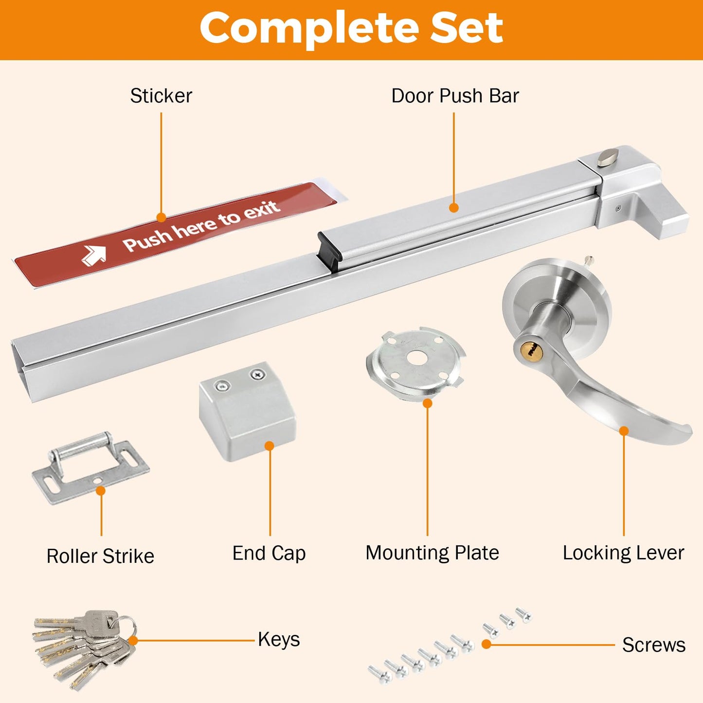 BEAMNOVA 27.5 in Commercial Door Push Bar Panic Exit Device with Exterior Lever Lock Key Roller Strike Plate End Cap Universal Emergency Hardware, for 27.5 to 41 inches Wide Door, Metallic