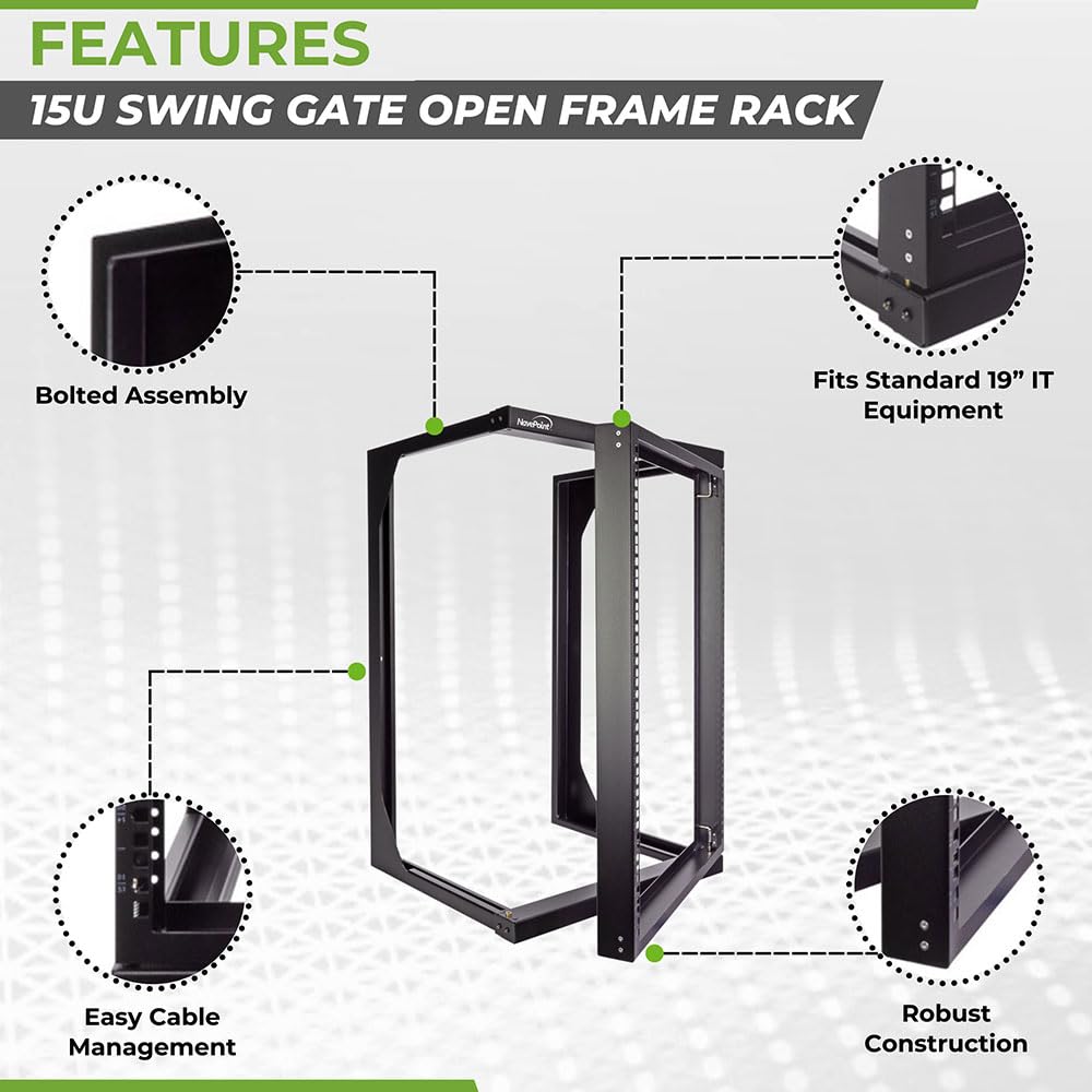 NavePoint 15U Open Frame Server Rack for 19" IT Network Equipment & A/V Devices, Free Standing or Wall Mount Rack with 180 Degrees Gate Swing, Black