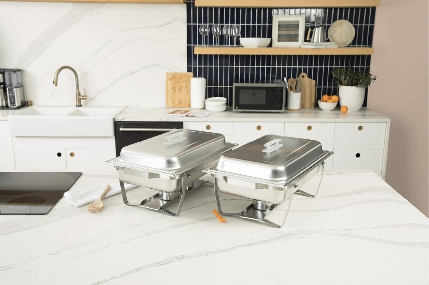 Alpha Living 4 Pack Chafing Dish Full Set – Stainless Steel Catering Chafer with Lids, Pans & Fuel Holders – Buffet Food Warmers for Parties, Events & Weddings (Rolled Edges)