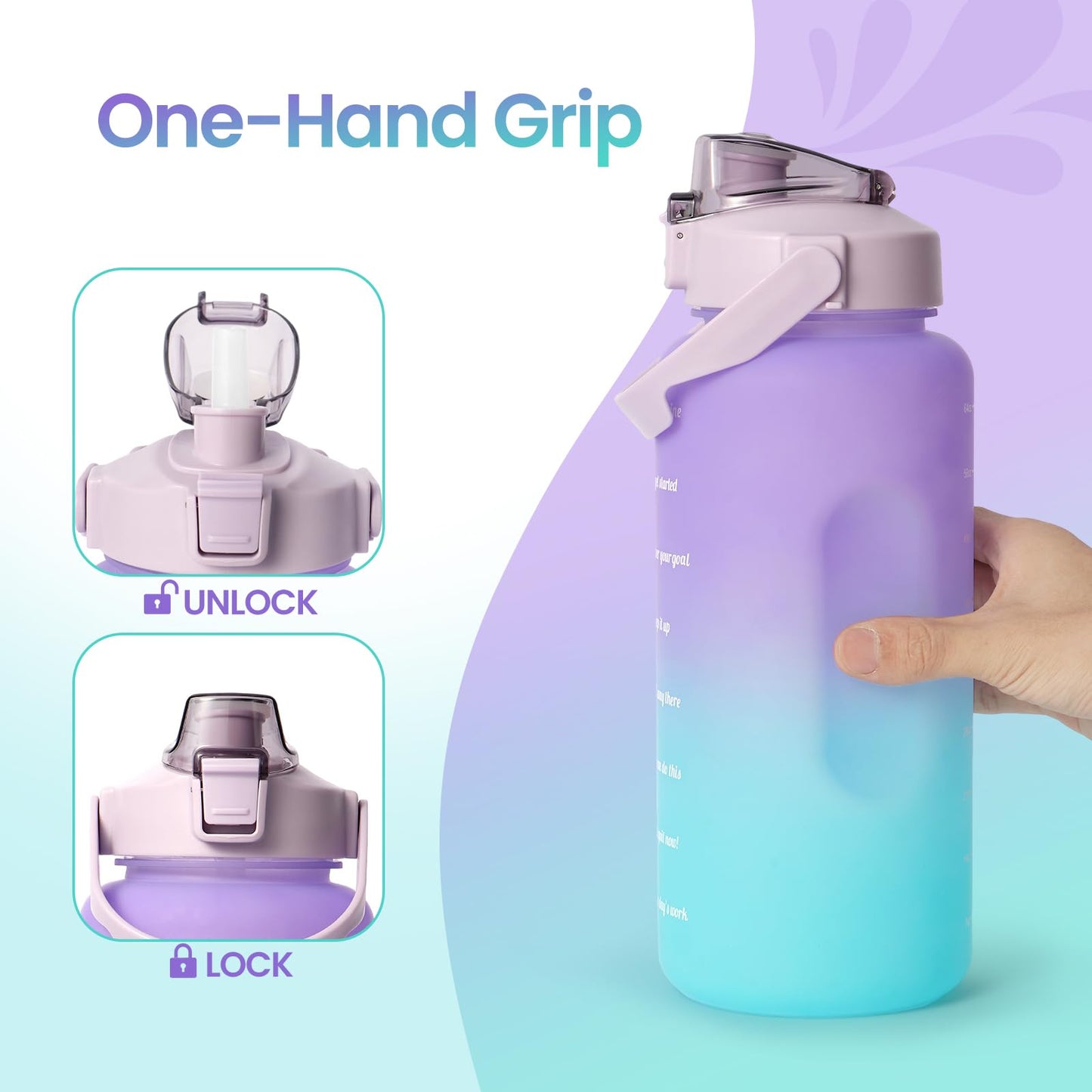 Binudum 64 oz Water Bottle with Straw Time Marker Half Gallon Reusable Water Bottle for Gym Fitness and Outdoor Sports (Purple Cyan)