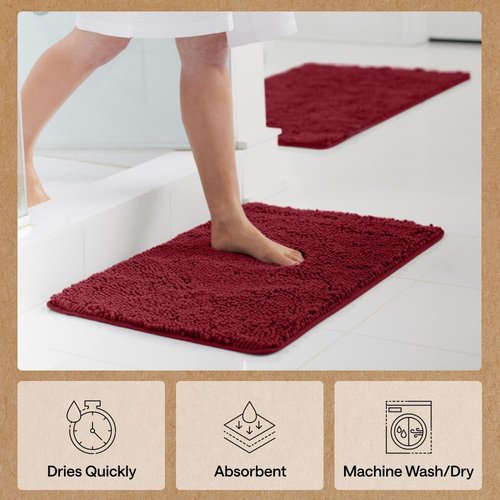 GORILLA GRIP Bath Rug Mat - Soft Absorbent Chenille | Quick Dry Microfiber, 48x24, Burgundy