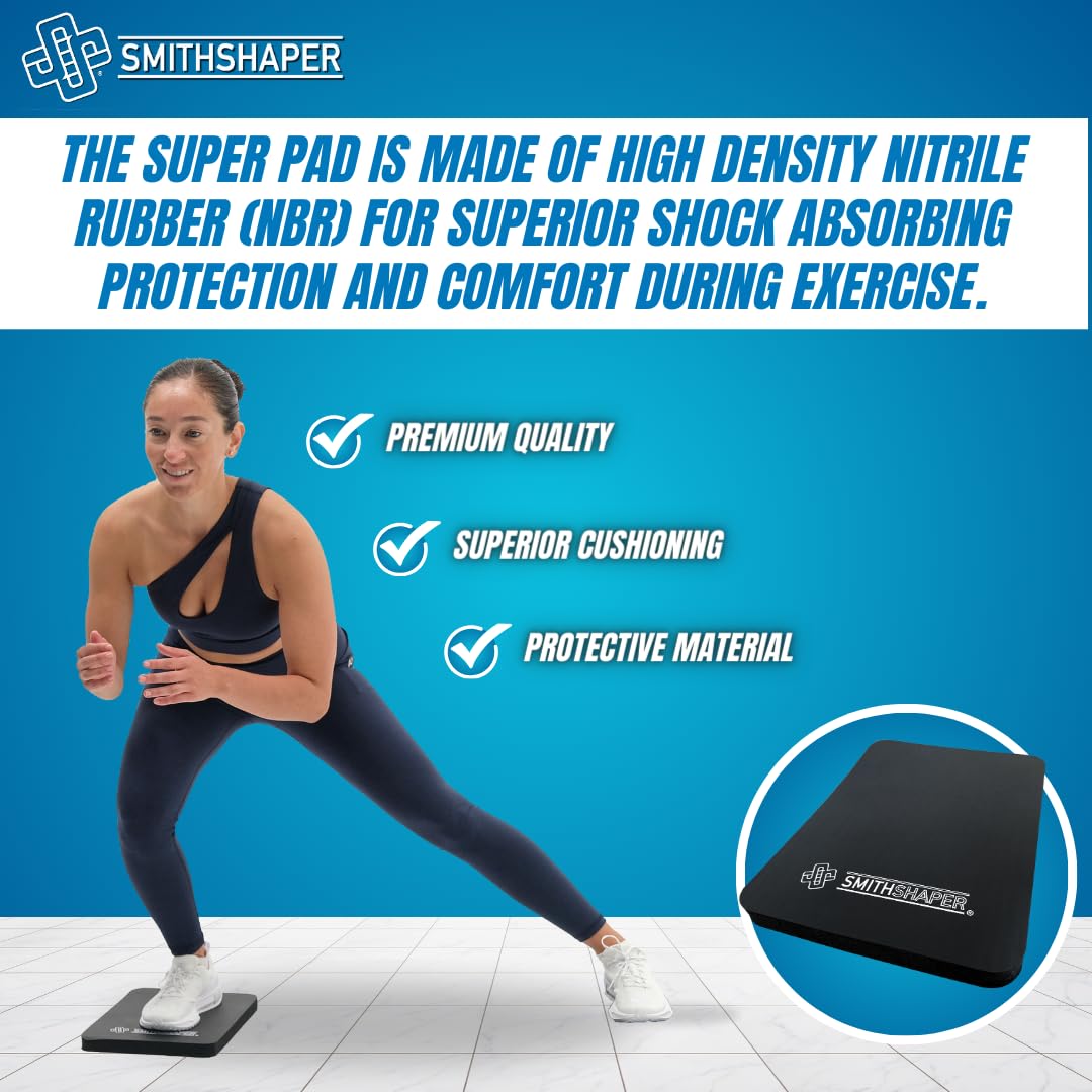 SmithShaper® SUPER PAD Thick Exercise Knee Mat (14" x 11" x 1") Cushions Knees, Forearms, Elbows, and Lower Back During Workouts | Ab Rolls, Knee Pushups, Sit-Ups, etc. | Yoga, Pilates, HIIT | Durable, Soft Nitrile Rubber Resists Oils and Odors