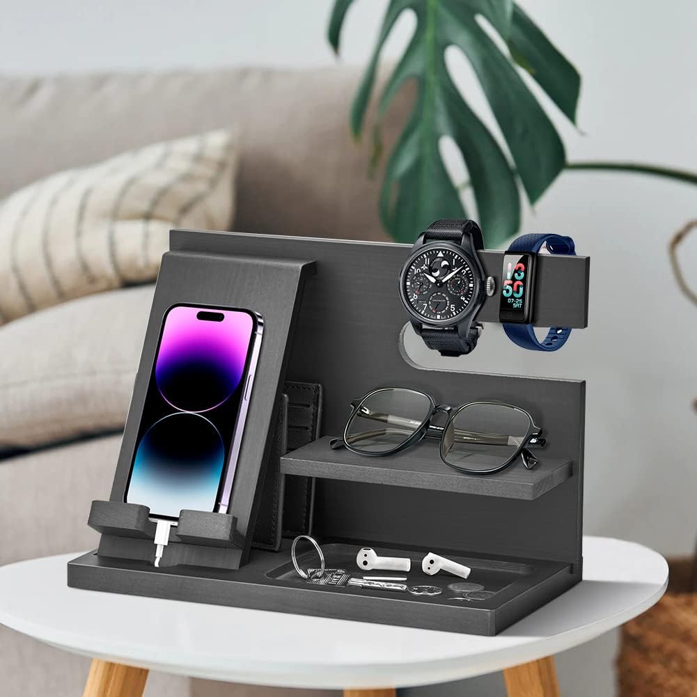 AliveByte Wood Phone Docking Station - Gifts for Men Desk or Nightstand Organizer - Birthday Gifts for Husband, Fathers