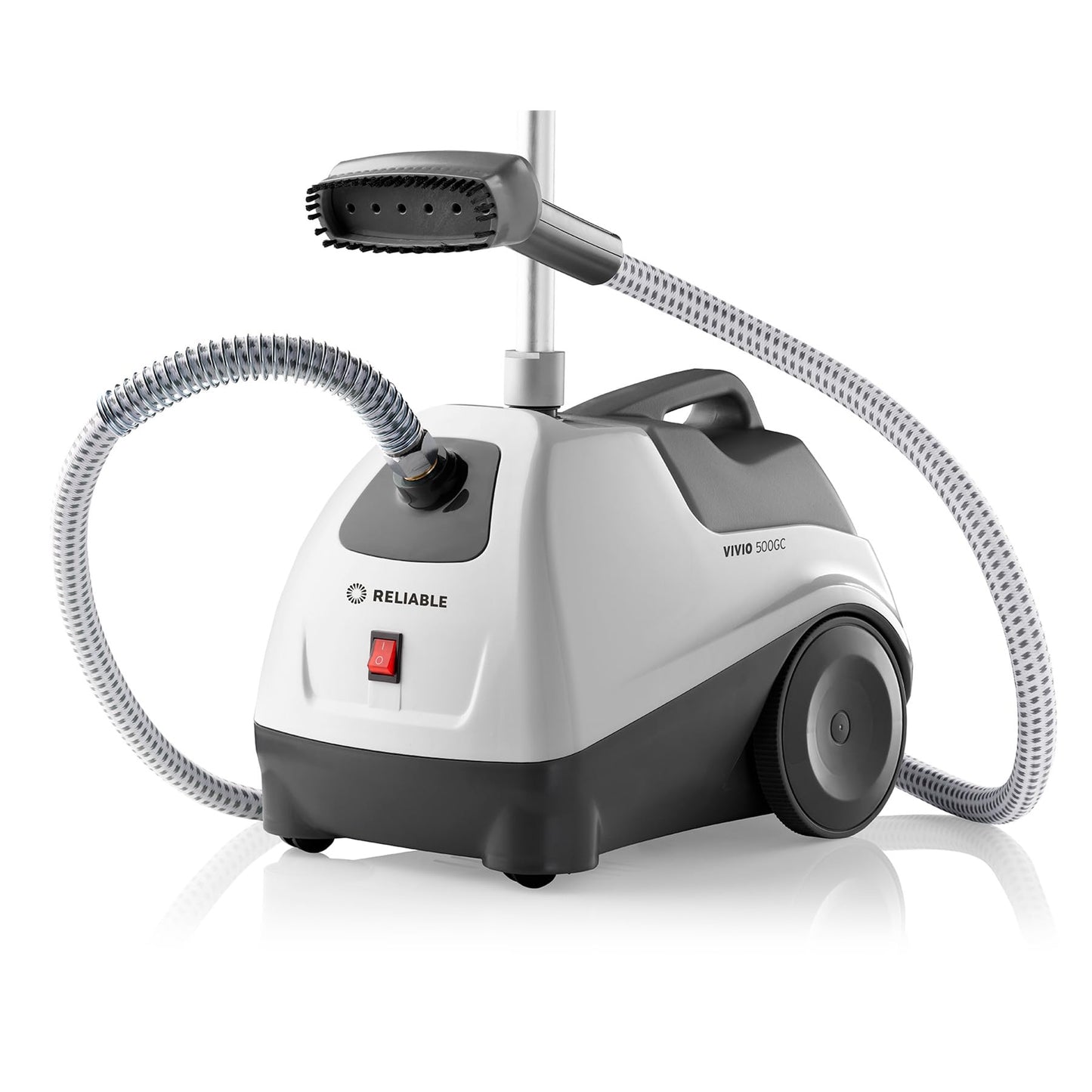 Reliable Vivio 500GC Garment Steamer - PVC Steam Head and Easy Roll Wheels, Garment Steamer with Removable Hanger, 1 Gallon Water Capacity, 1300W Brass Elements with Auto Shut Off and 63" Long Hose