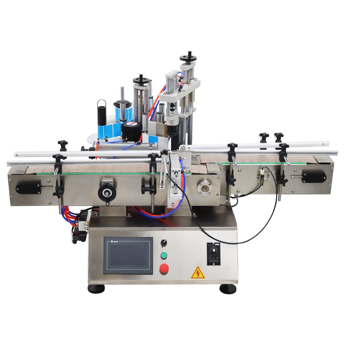 HayWHNKN Fully Automatic Labeling Machine for Square Round Bottle with Chain Plate Conveyor Belt Label Applicator for 2.4-3.9inch Diameter Bottle Ajudstable Speed 110v