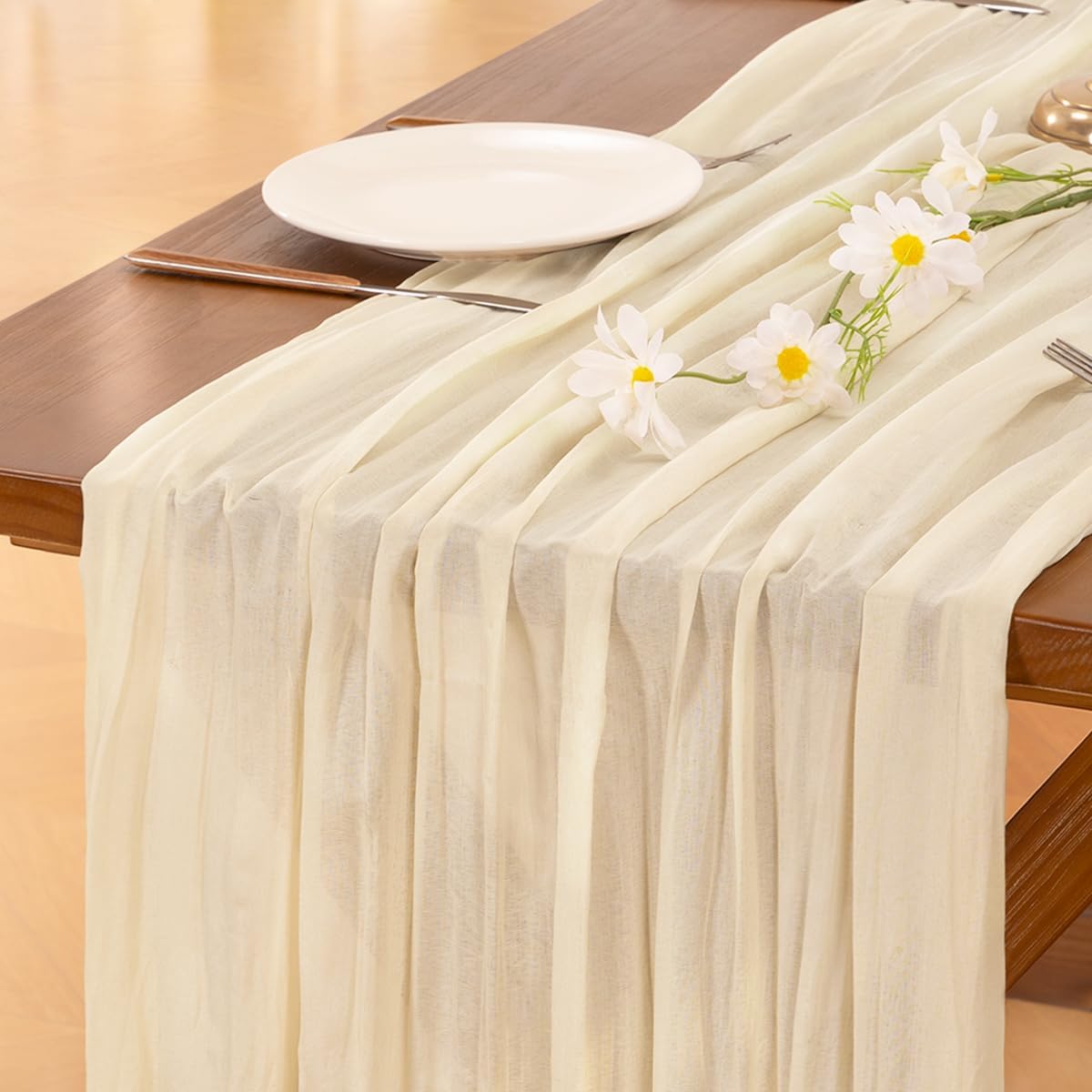 Socomi 3-Piece Beige Cheesecloth Table Runner - 120 Inch Boho Rustic Decor for Weddings & Events