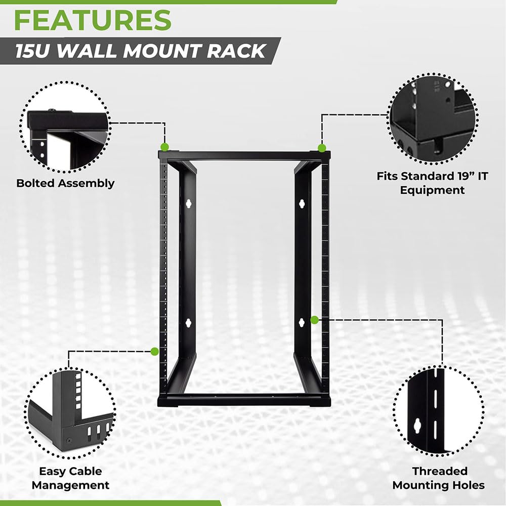 NavePoint 15U Wall Mount Rack - Server Rack for 19 Inch IT Equipment Open Frame Rack – Network Rack for AV & Server Equipment 16” Deep Rack, Black
