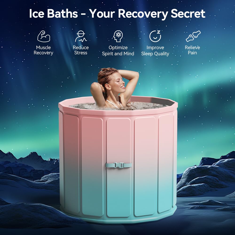 Binecer Portable Foldable Ice Bath Tub, Large Size 77 Gal, Fast Muscle Recovery, Home Outdoors Gyms, Quick Opening without Installation, No Water Leakage (Ice/Hot Universal)