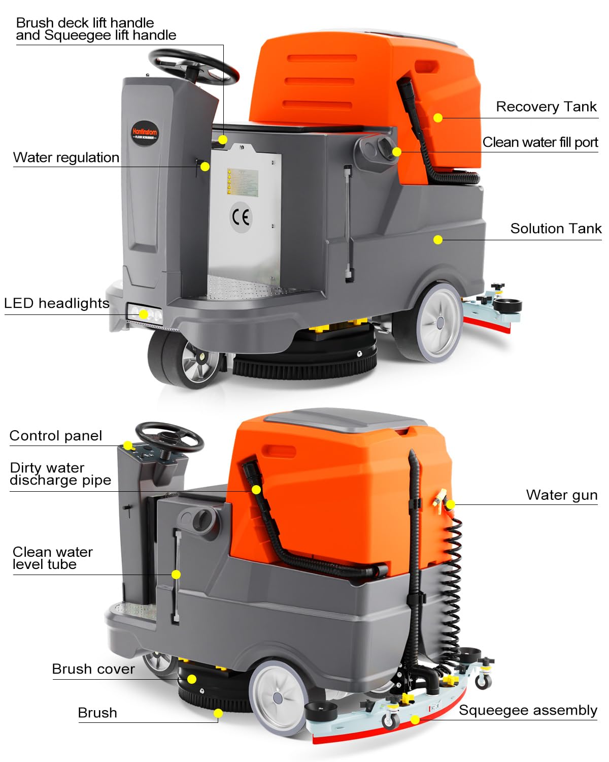 HANTINSTOM Ride-on Commercial Floor Scrubber with 20" Ultra-Wide Scrubbing Path,High-pressure Watergun，LED Light,22.5 Gal Large Solution Tank,3 Hours Wireless Working Time, 31,400 Sqft/h