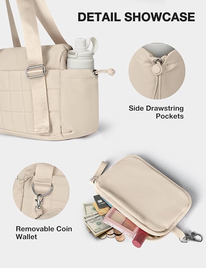 VUUDH Puffy Mini Gym Bag for Women, Carry On Multi-Pocket Water-Resistant Duffel, Lightweight Sports Bag for Fitness, Work, Travel, Daily Commute,Camel