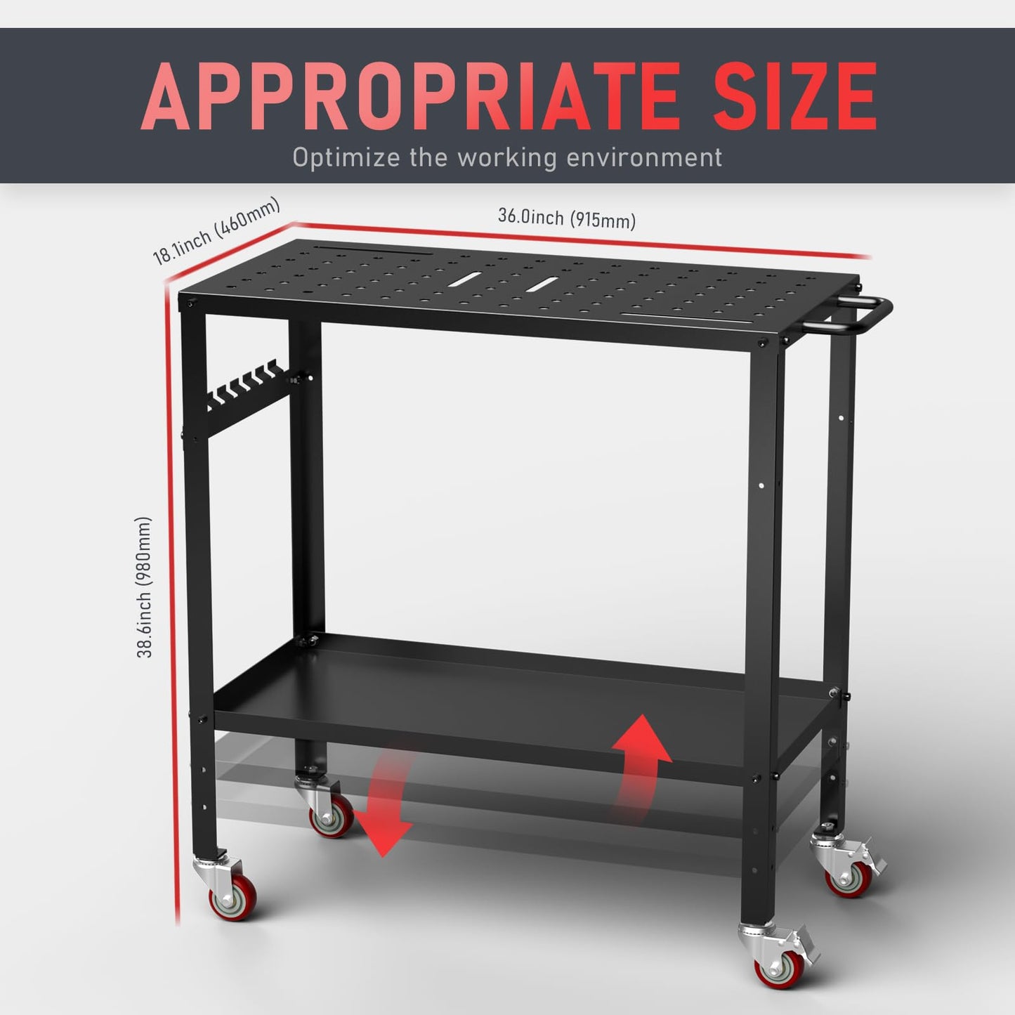YESWELDER Welding Table Workbench 36x18 Inches, 1200 lb Load Capacity, Hook Side Panel, Handle, Brake Wheels - Sturdy and Versatile Welding Table