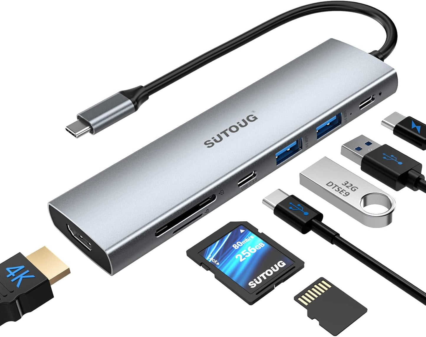 SUTOUG 7 1 4K@30hz Output100W 2 USB-A3.0 3.0 Docking Station, in USB C Hub with HDMI Type C Charging Port, SD/TF Card
