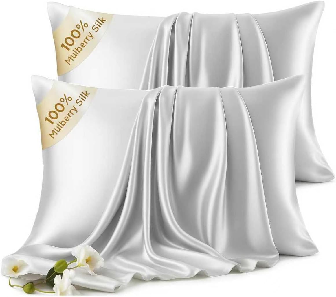 Skiennix 100% Mulberry Silk Pillowcases - Hypoallergenic & Anti-Aging, 2 Pack | Gray, Standard Size