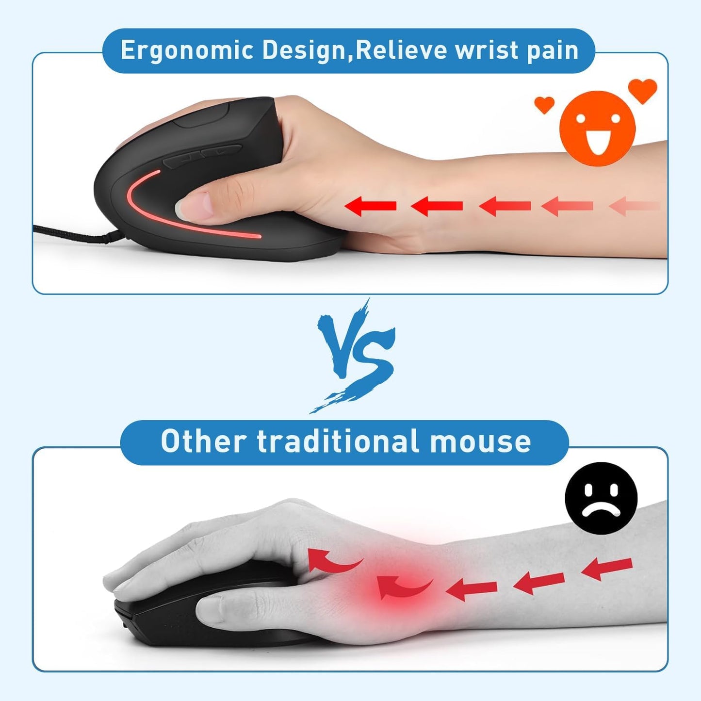 KUNSI 800/1200/1600 6 Wired Ergonomic Mouse, USB Wired Vertical Mouse with Adjustable DPI, Buttons Ergonomic Mouse