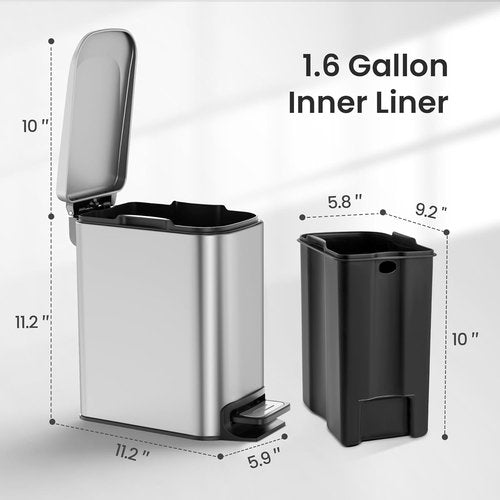 Cesun Stainless Steel Small Bathroom Trash Can - Soft Close Lid & Step Pedal | 6 Liter Mini Bin (Silver)