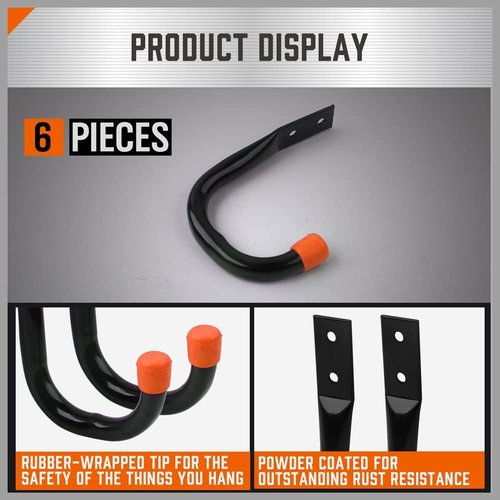 HORUSDY Heavy Duty Metal Wall Hooks - 12-Pack for Garage Storage & Organization | Black J Hooks