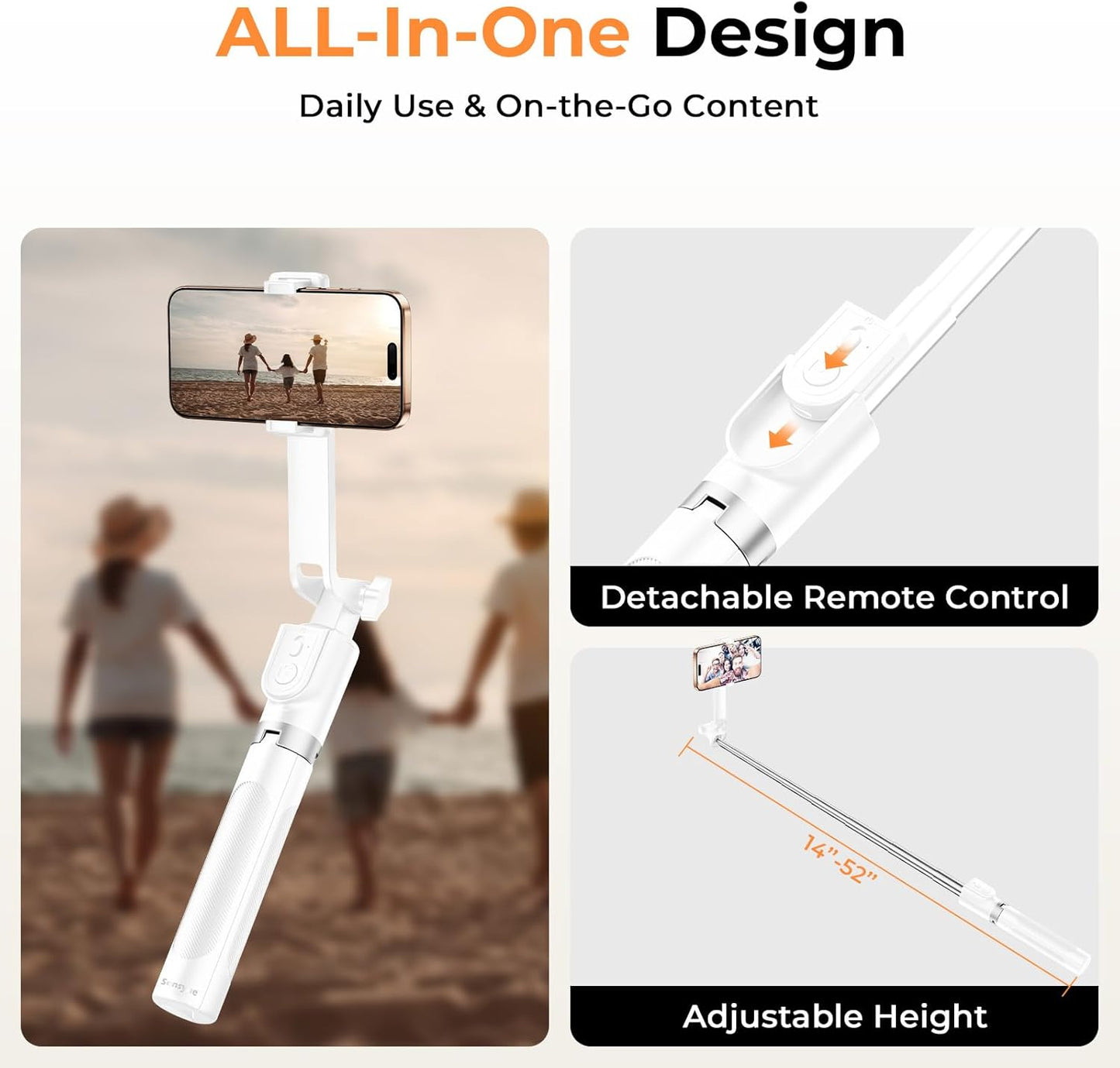 SENSYNE 53" Selfie Stick for Phone, Extendable Travel Tripod with Detachable Remote for Photography, Selfies
