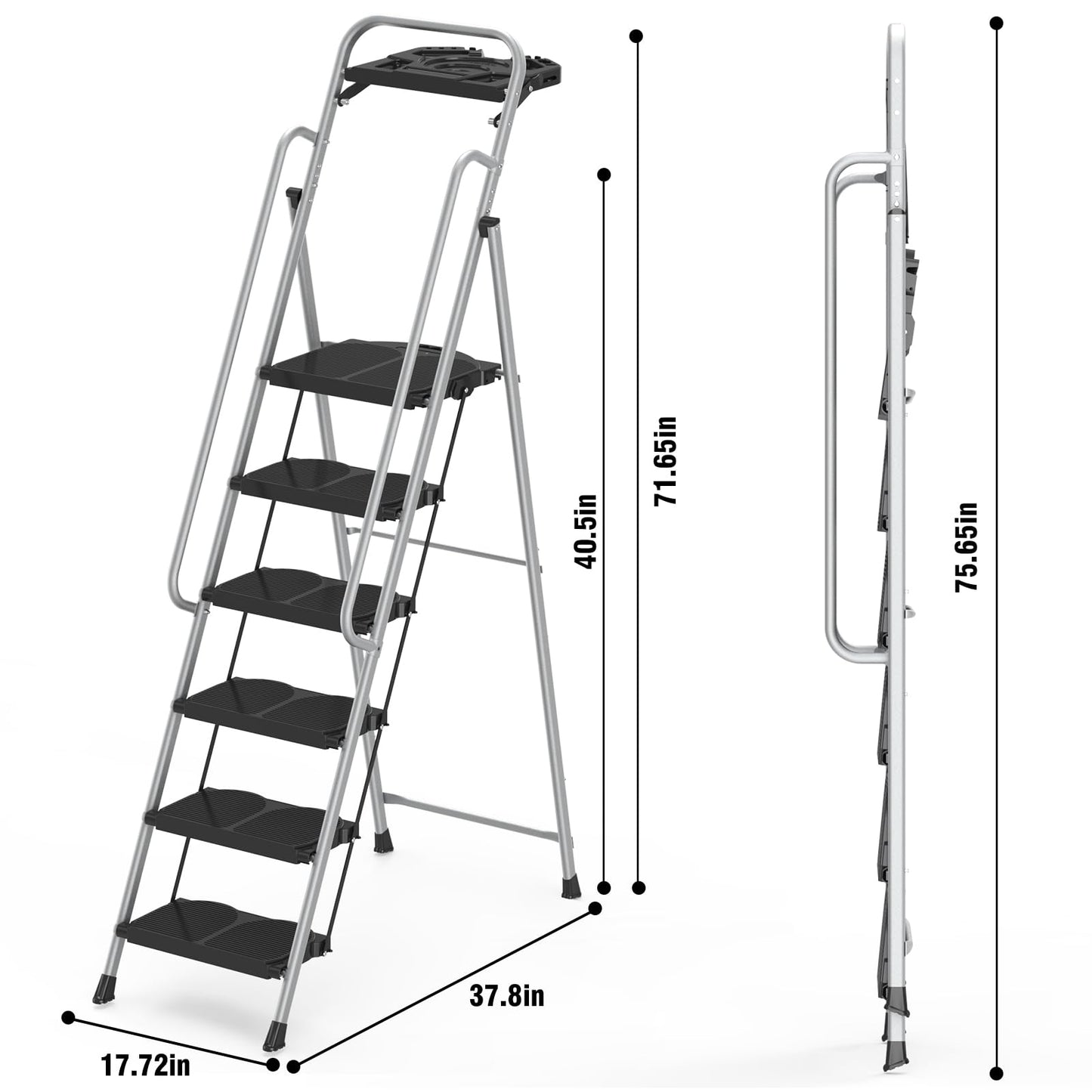 6 Step Foldable Step Ladder Stool with Roomy Tool Tray and Secure Handrail, Foldable Platform Ladder 6 Step Folding Stepstools with Wide Pedals and 800lbs Weight Capacity for Adults, Home, Kitchen