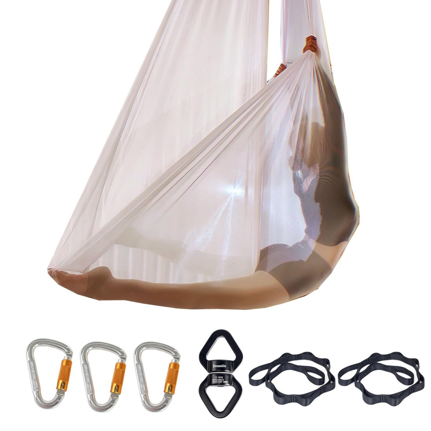 Transparent Aerial Yoga Hammock Set with Low Elasticity Aerial Silks Set Included Accessories (white, 7.7 yards)