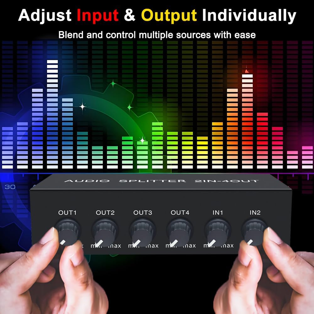 2 4 in Out RCA L/R Audio Splitter Stereo Line Level Distributor Mixer with Independent Volume Control for Home Theater